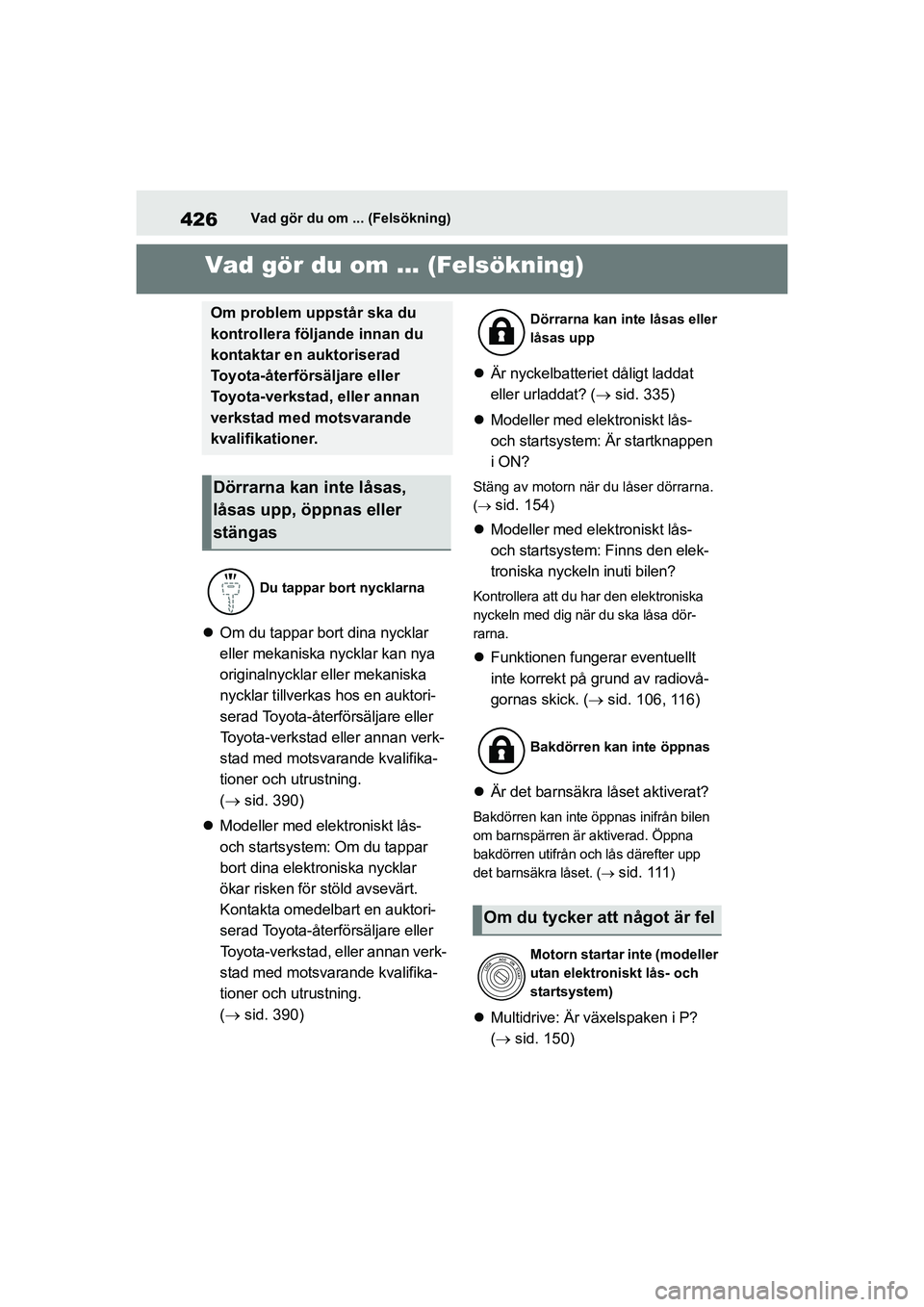 TOYOTA YARIS HATCHBACK 2020 Bruksanvisningar (in Swedish) 426
YARIS F OMK0001SE
Vad gör du om ... (Felsökning)
9-1.Vad gör du om ... (Felsökning)Vad gör du om ... (Felsökning)
Om du tappar bort dina nycklar
eller mekaniska nycklar kan nya
original TOYOTA YARIS HATCHBACK 2020 Bruksanvisningar (in Swedish) 426
YARIS F OMK0001SE
Vad gör du om ... (Felsökning)
9-1.Vad gör du om ... (Felsökning)Vad gör du om ... (Felsökning)
Om du tappar bort dina nycklar
eller mekaniska nycklar kan nya
original