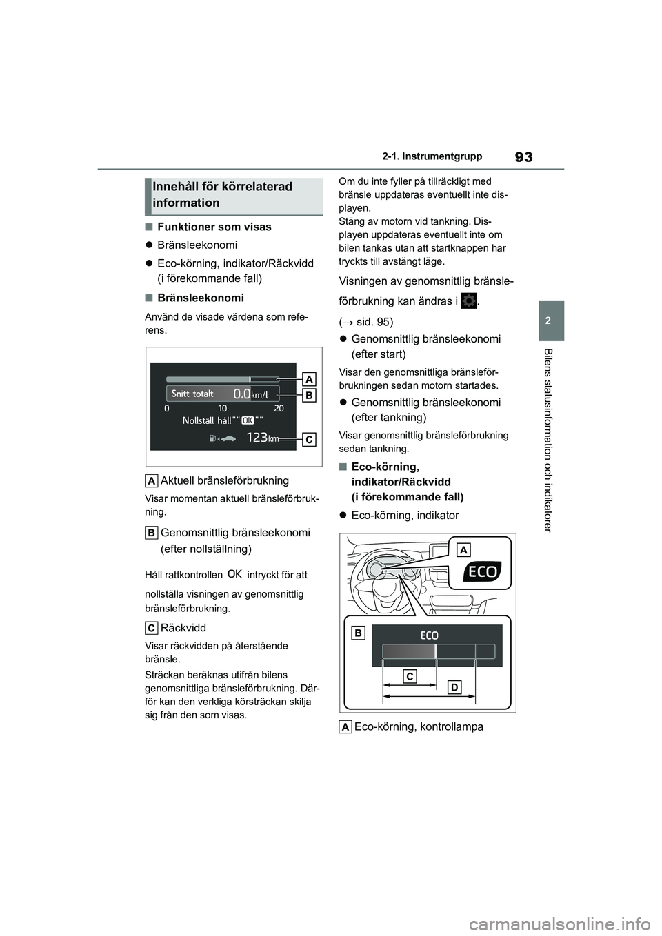 TOYOTA YARIS HATCHBACK 2020  Bruksanvisningar (in Swedish) 93
2
YARIS F OMK0001SE
2-1. Instrumentgrupp
Bilens statusinformation och indikatorer
nFunktioner som visas
 Bränsleekonomi
 Eco-körning, indikator/Räckvidd 
(i förekommande fall)
nBränsleek