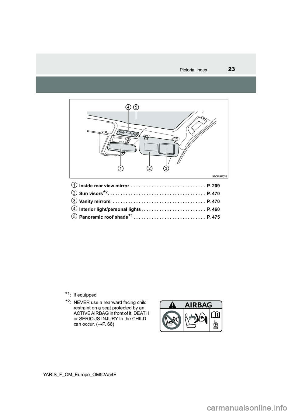 TOYOTA YARIS HATCHBACK 2019 Owners Manual 23Pictorial index
YARIS_F_OM_Europe_OM52A54E
Inside rear view mirror . . . . . . . . . . . . . . . . . . . . . . . . . . . . . P. 209
Sun visors*2. . . . . . . . . . . . . . . . . . . . . . . . . TOYOTA YARIS HATCHBACK 2019 Owners Manual 23Pictorial index
YARIS_F_OM_Europe_OM52A54E
Inside rear view mirror . . . . . . . . . . . . . . . . . . . . . . . . . . . . . P. 209
Sun visors*2. . . . . . . . . . . . . . . . . . . . . . . . .