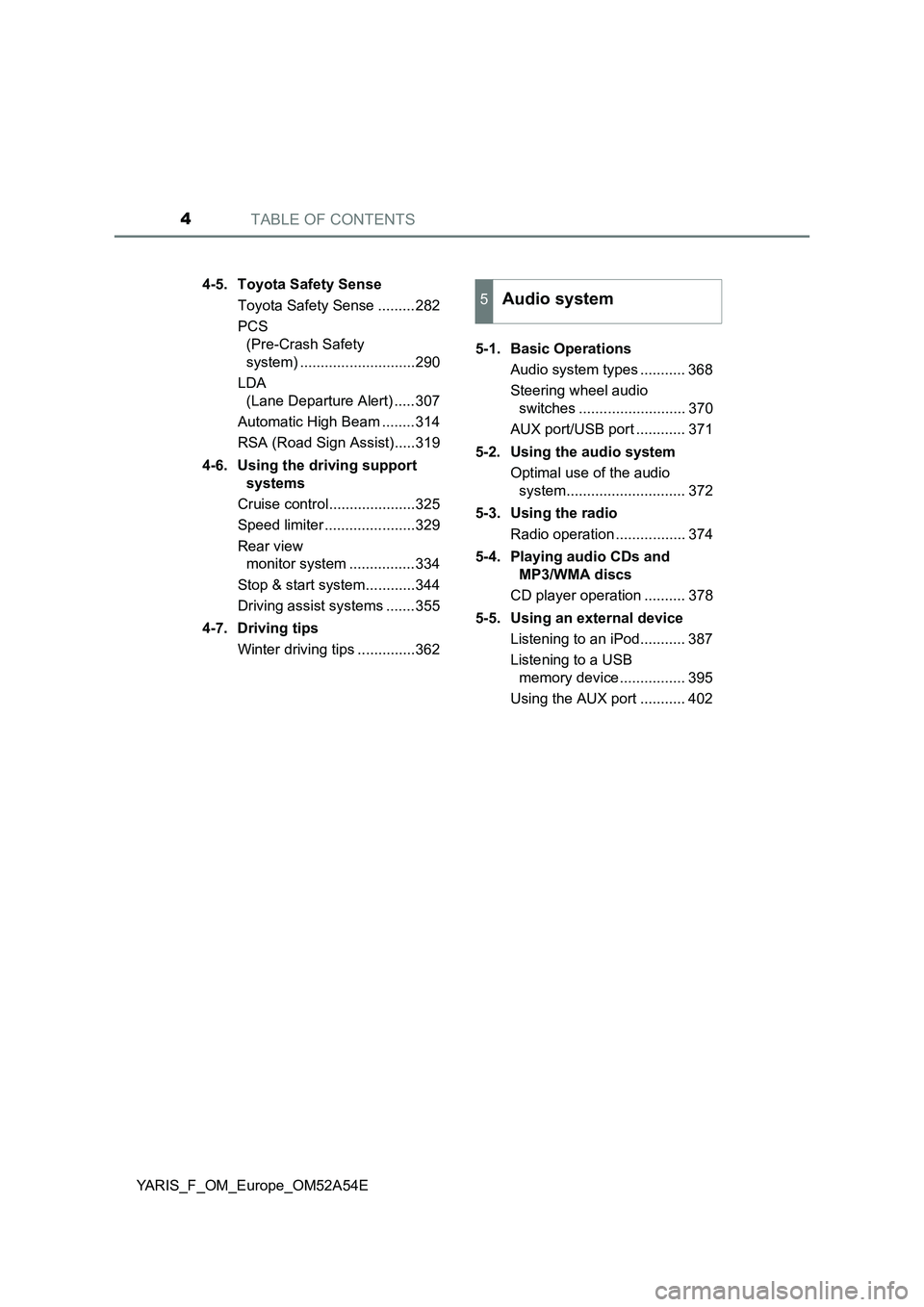 TOYOTA YARIS HATCHBACK 2019 Owners Manual TABLE OF CONTENTS4
YARIS_F_OM_Europe_OM52A54E4-5. Toyota Safety Sense
Toyota Safety Sense .........282
PCS
(Pre-Crash Safety
system) ............................290
LDA
(Lane Departure Alert) ..... TOYOTA YARIS HATCHBACK 2019 Owners Manual TABLE OF CONTENTS4
YARIS_F_OM_Europe_OM52A54E4-5. Toyota Safety Sense
Toyota Safety Sense .........282
PCS
(Pre-Crash Safety
system) ............................290
LDA
(Lane Departure Alert) .....