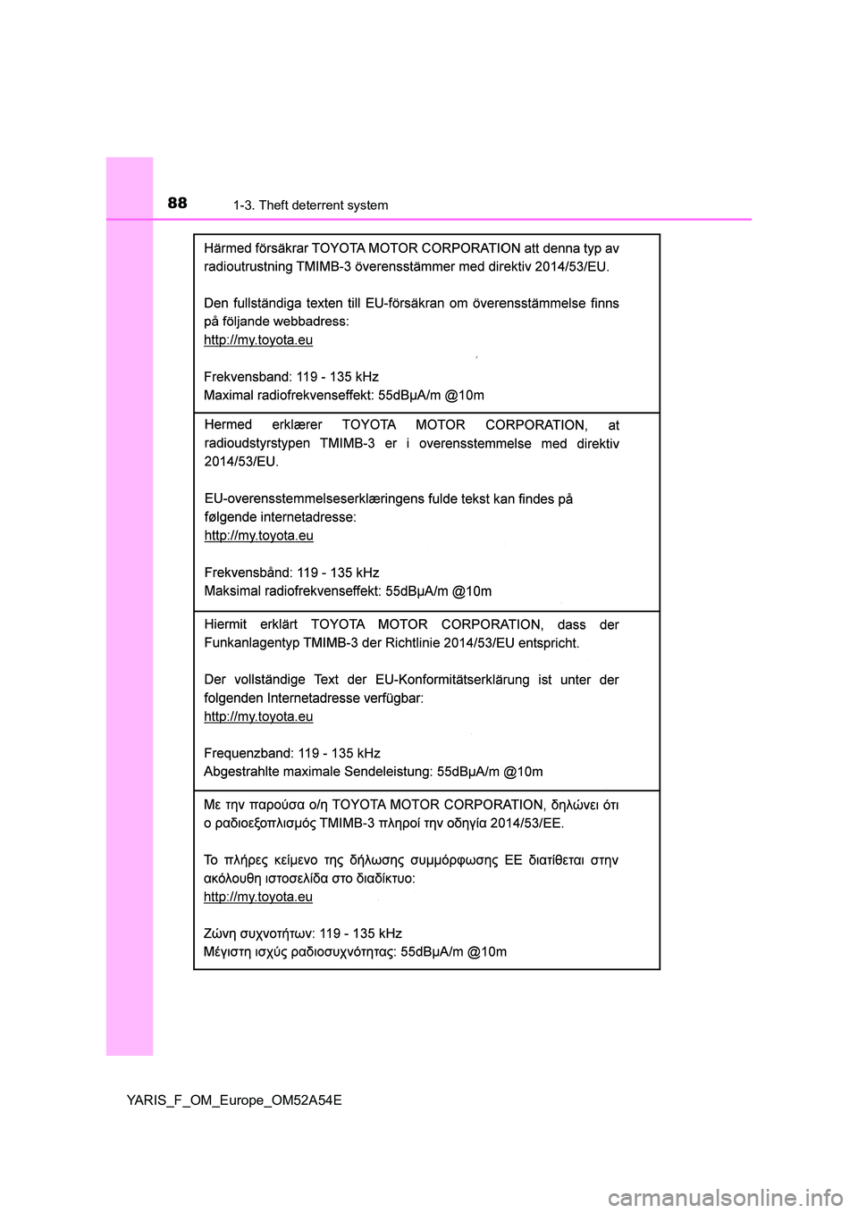TOYOTA YARIS HATCHBACK 2019 Manual Online 881-3. Theft deterrent system
YARIS_F_OM_Europe_OM52A54E 