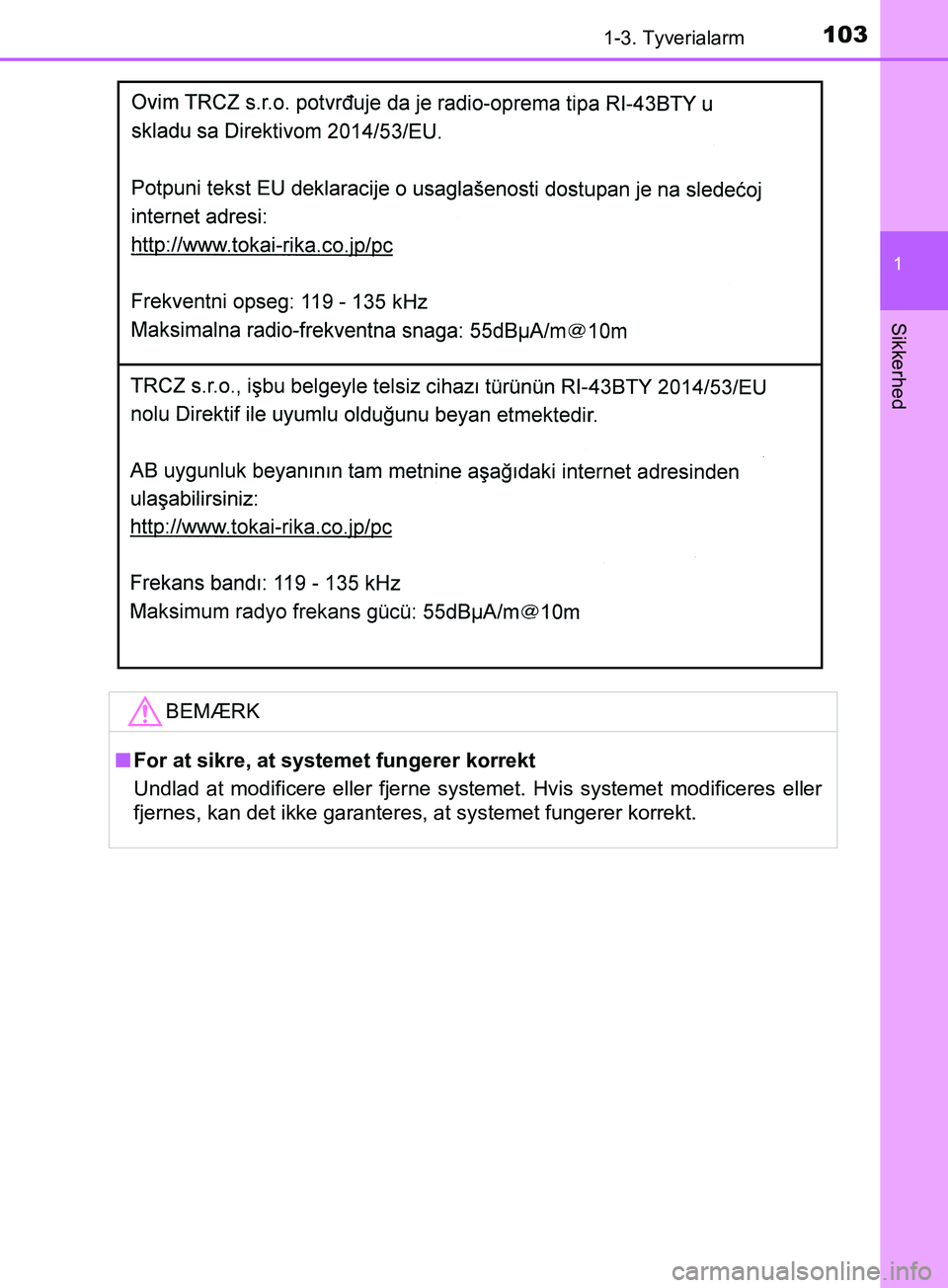 TOYOTA YARIS HATCHBACK 2019  Brugsanvisning (in Danish) 1031-3. Tyverialarm
1
Sikkerhed
YARIS_F_OM_Europe_OM52A54DKBEMÆRK
n
For at sikre, at systemet fungerer korrekt
Undlad at modificere eller fjerne systemet. Hvis systemet modificeres eller
fjernes, kan