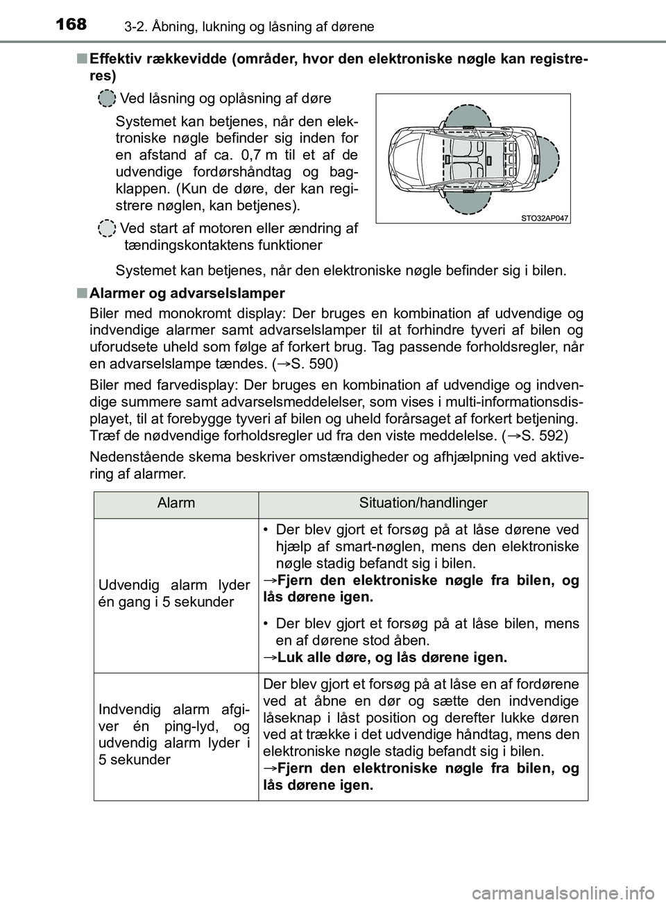 TOYOTA YARIS HATCHBACK 2019  Brugsanvisning (in Danish) 1683-2. Åbning, lukning og låsning af dørene
YARIS_F_OM_Europe_OM52A54DKn
Effektiv rækkevidde (områder, hvor  den elektroniske nøgle kan registre-
res)
Systemet kan betjenes, når den elektr oni