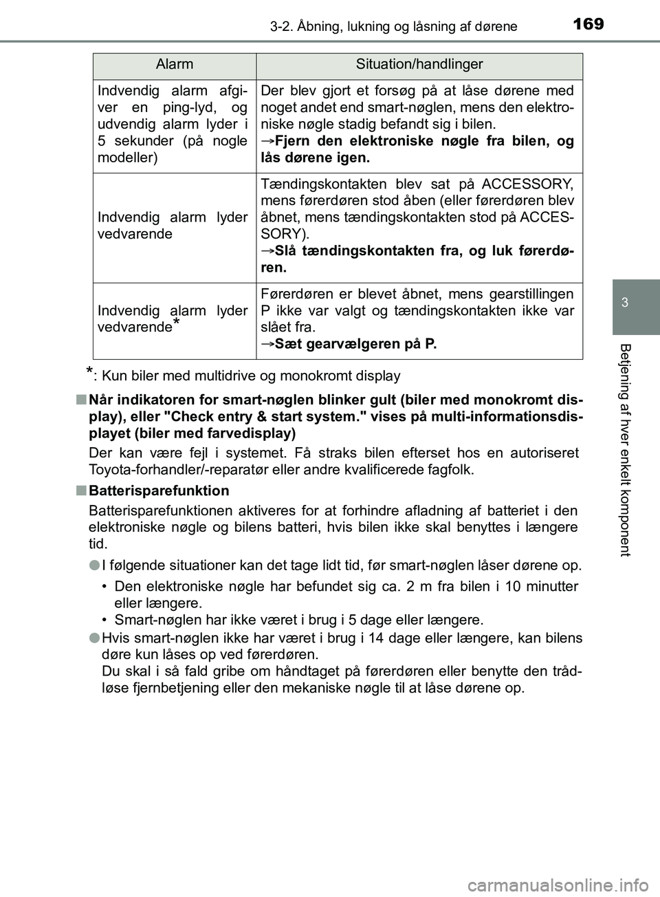 TOYOTA YARIS HATCHBACK 2019  Brugsanvisning (in Danish) 1693-2. Åbning, lukning og låsning af dørene
3
Betjening af hver enkelt komponent
YARIS_F_OM_Europe_OM52A54DK
*: Kun biler med multidrive og monokromt display
n Når indikatoren for smar t-nøglen 