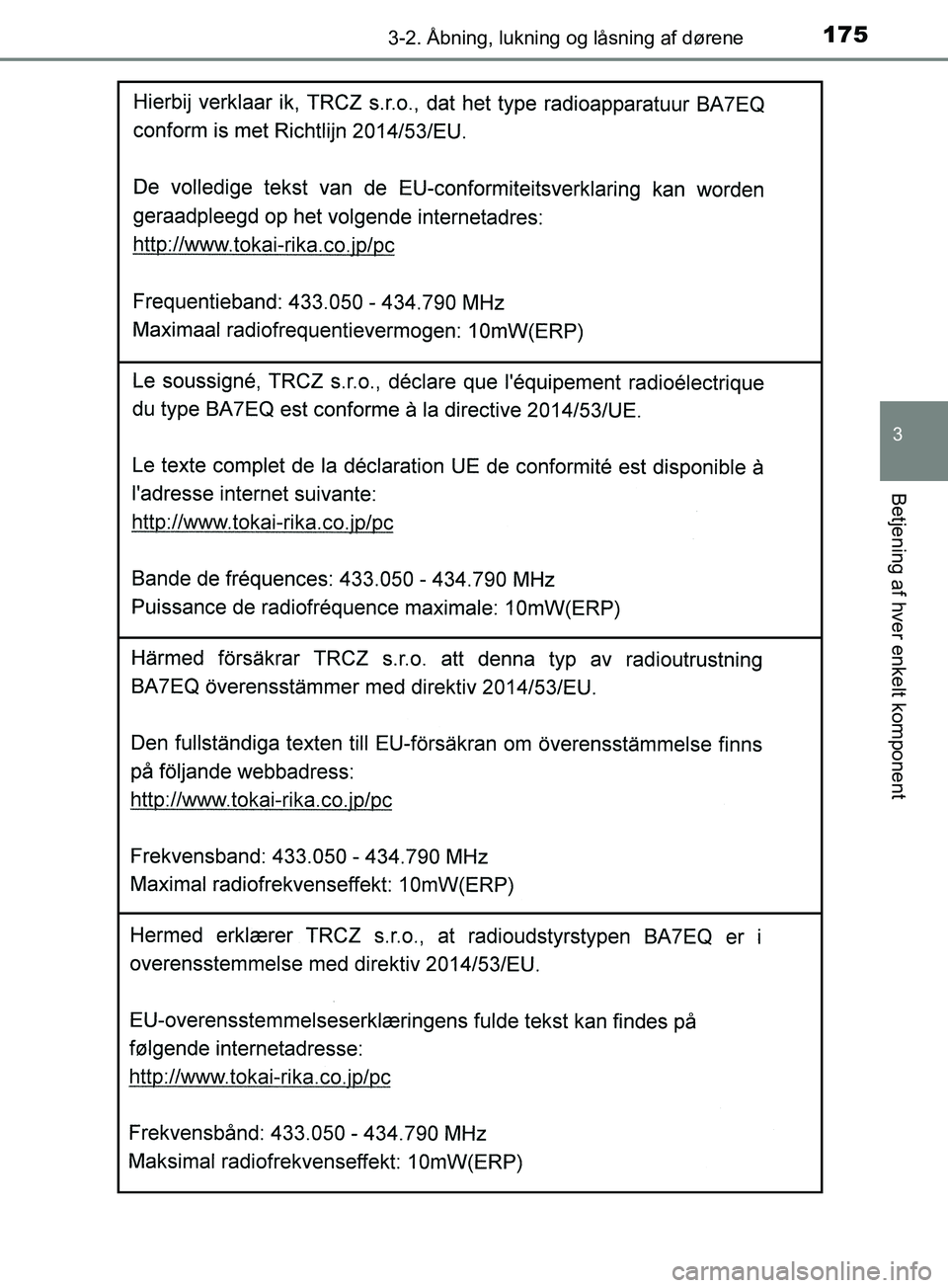 TOYOTA YARIS HATCHBACK 2019  Brugsanvisning (in Danish) 1753-2. Åbning, lukning og låsning af dørene
3
Betjening af hver enkelt komponent
YARIS_F_OM_Europe_OM52A54DK
OM52A54DK.book  Page 175  Friday, July 12, 2019  4:17 PM 