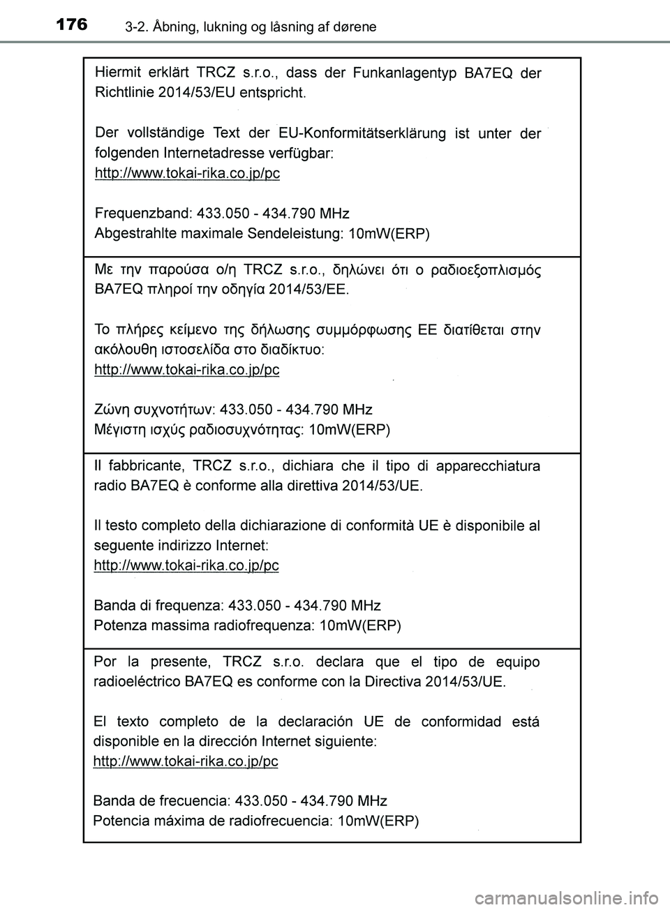 TOYOTA YARIS HATCHBACK 2019  Brugsanvisning (in Danish) 1763-2. Åbning, lukning og låsning af dørene
YARIS_F_OM_Europe_OM52A54DK
OM52A54DK.book  Page 176  Friday, July 12, 2019  4:17 PM 