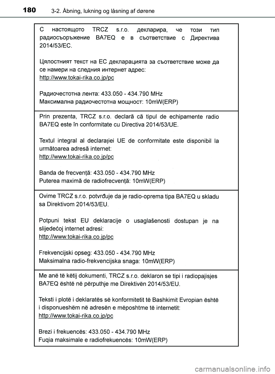 TOYOTA YARIS HATCHBACK 2019  Brugsanvisning (in Danish) 1803-2. Åbning, lukning og låsning af dørene
YARIS_F_OM_Europe_OM52A54DK
OM52A54DK.book  Page 180  Friday, July 12, 2019  4:17 PM 