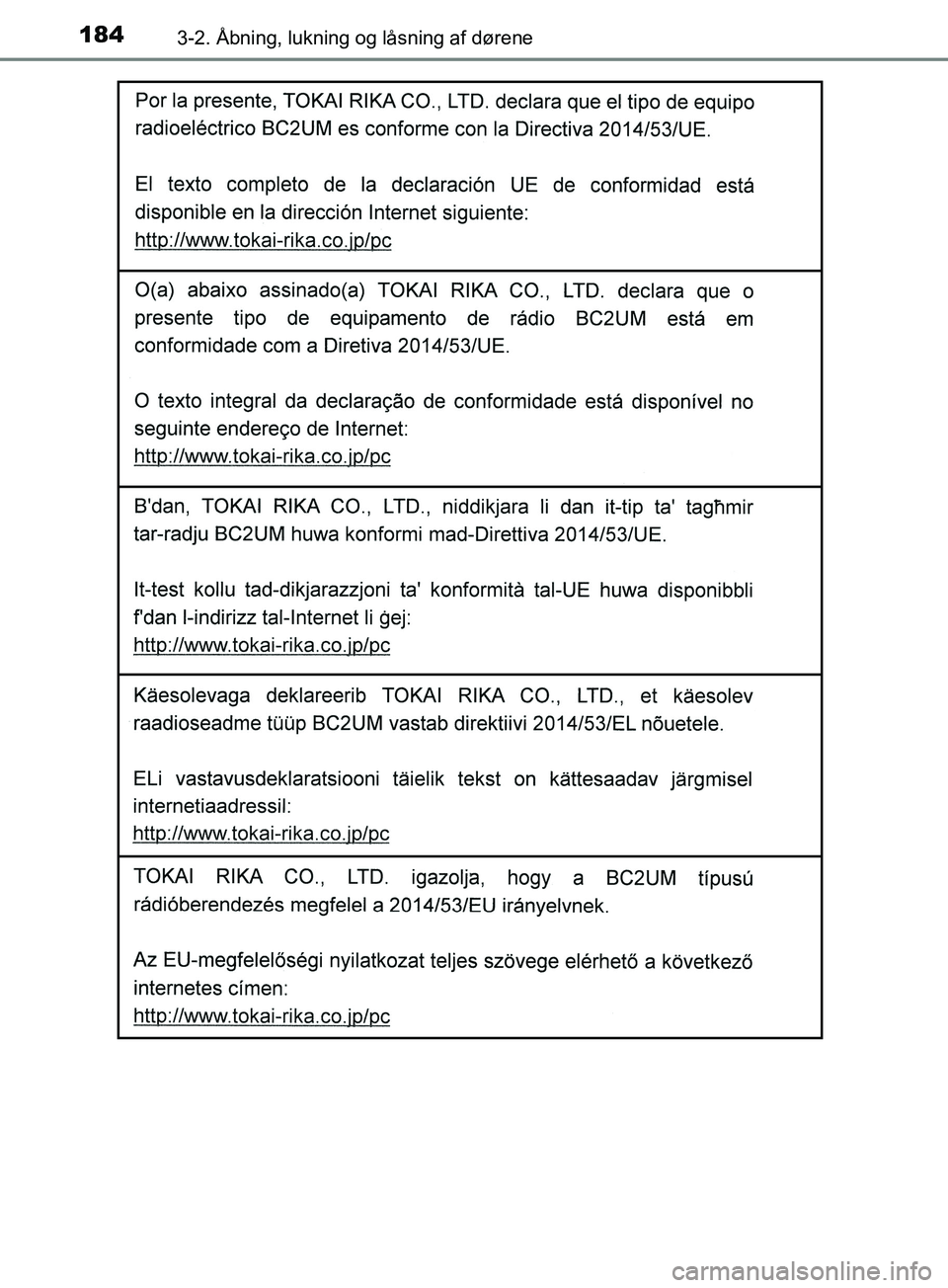 TOYOTA YARIS HATCHBACK 2019  Brugsanvisning (in Danish) 1843-2. Åbning, lukning og låsning af dørene
YARIS_F_OM_Europe_OM52A54DK
OM52A54DK.book  Page 184  Friday, July 12, 2019  4:17 PM 