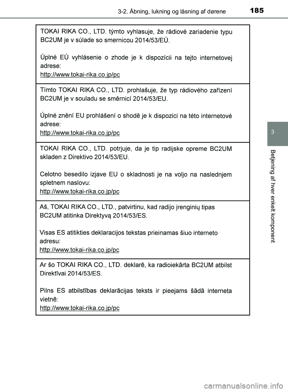 TOYOTA YARIS HATCHBACK 2019  Brugsanvisning (in Danish) 1853-2. Åbning, lukning og låsning af dørene
3
Betjening af hver enkelt komponent
YARIS_F_OM_Europe_OM52A54DK
OM52A54DK.book  Page 185  Friday, July 12, 2019  4:17 PM 