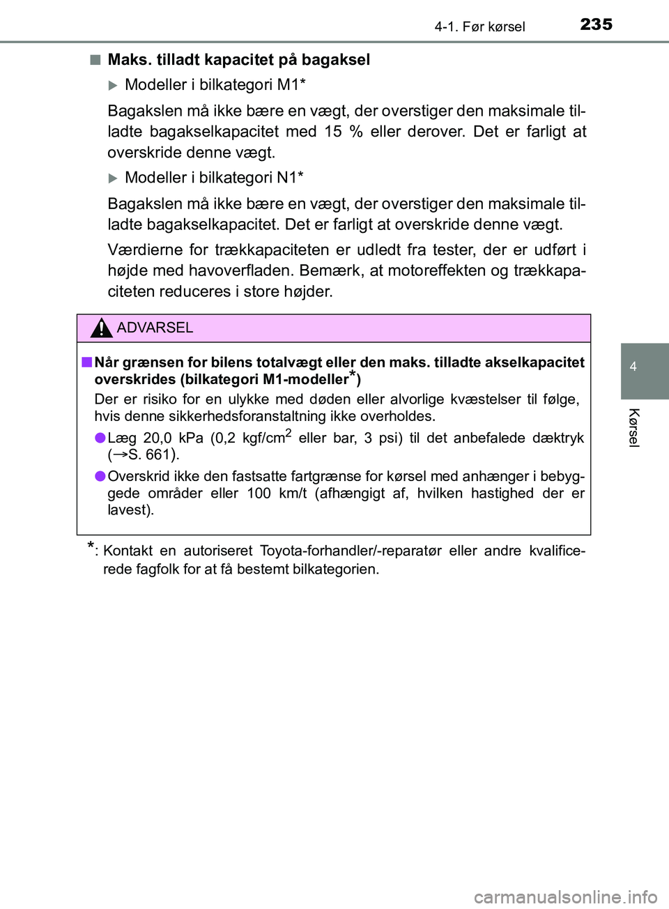 TOYOTA YARIS HATCHBACK 2019  Brugsanvisning (in Danish) 2354-1. Før kørsel
4
Kørsel
YARIS_F_OM_Europe_OM52A54DKn
Maks. tilladt kapacitet på bagaksel
Modeller i bilkategori M1*
Bagakslen må ikke bære en vægt, der overstiger den maksimale til-
ladt