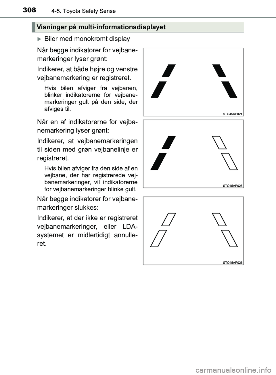 TOYOTA YARIS HATCHBACK 2019 Brugsanvisning (in Danish) 3084-5. Toyota Safety Sense
YARIS_F_OM_Europe_OM52A54DK
Biler med monokromt display
Når begge indikatorer for vejbane-
markeringer lyser grønt:
Indikerer, at både højre og venstre
vejbanemarker TOYOTA YARIS HATCHBACK 2019 Brugsanvisning (in Danish) 3084-5. Toyota Safety Sense
YARIS_F_OM_Europe_OM52A54DK
Biler med monokromt display
Når begge indikatorer for vejbane-
markeringer lyser grønt:
Indikerer, at både højre og venstre
vejbanemarker