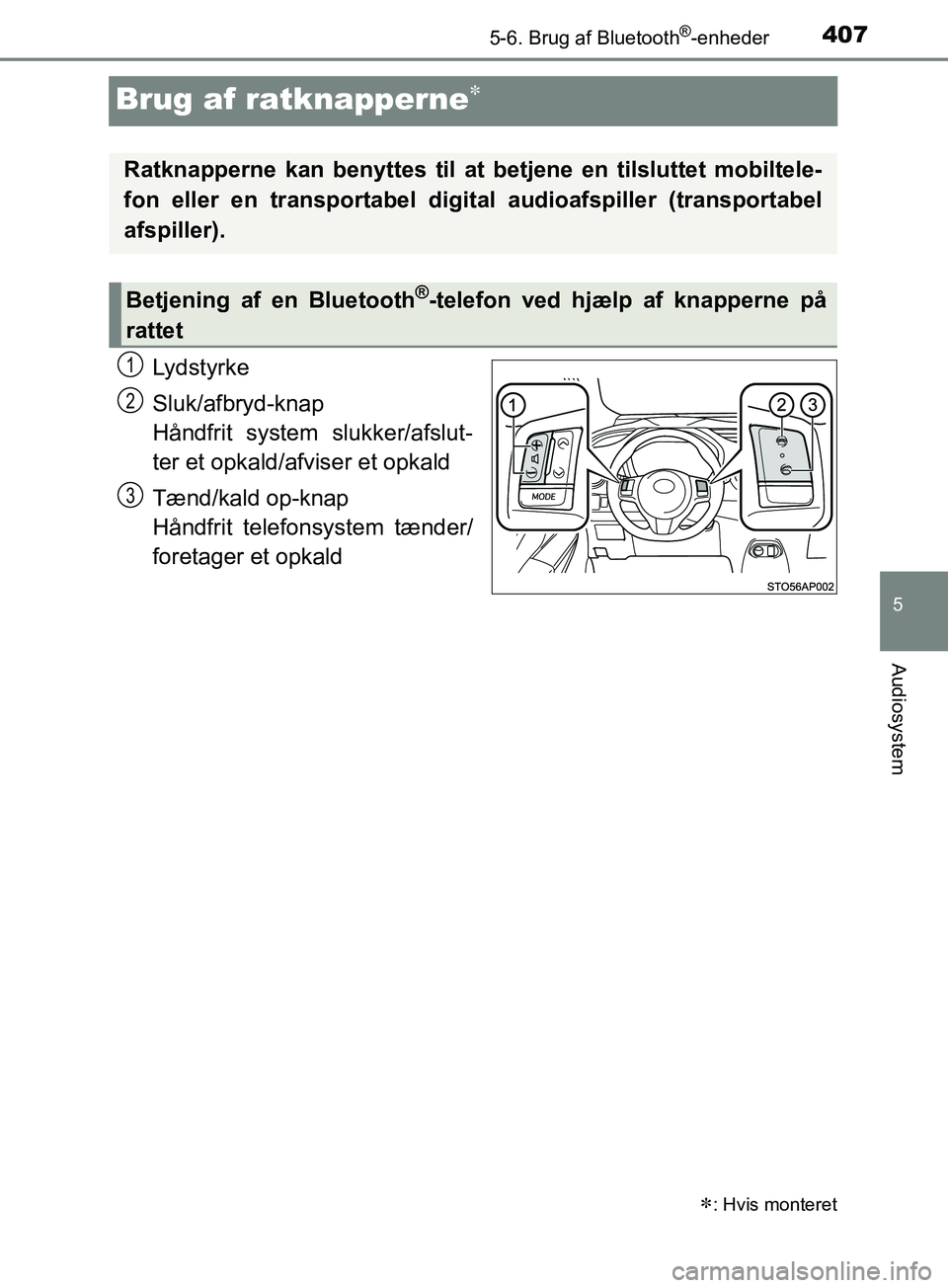 TOYOTA YARIS HATCHBACK 2019 Brugsanvisning (in Danish) 4075-6. Brug af Bluetooth®-enheder
5
Audiosystem
YARIS_F_OM_Europe_OM52A54DK
Brug af ratknapperne
Lydstyrke
Sluk/afbryd-knap
Håndfrit system slukker/afslut-
ter et opkald/afviser et opkald
Tænd/ TOYOTA YARIS HATCHBACK 2019 Brugsanvisning (in Danish) 4075-6. Brug af Bluetooth®-enheder
5
Audiosystem
YARIS_F_OM_Europe_OM52A54DK
Brug af ratknapperne
Lydstyrke
Sluk/afbryd-knap
Håndfrit system slukker/afslut-
ter et opkald/afviser et opkald
Tænd/