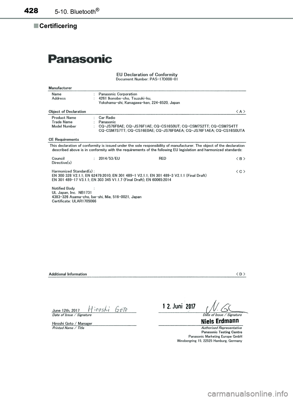 TOYOTA YARIS HATCHBACK 2019  Brugsanvisning (in Danish) 4285-10. Bluetooth®
YARIS_F_OM_Europe_OM52A54DKn
Certificering
OM52A54DK.book  Page 428  Friday, July 12, 2019  4:17 PM 