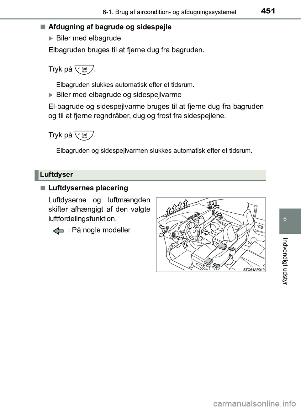 TOYOTA YARIS HATCHBACK 2019 Brugsanvisning (in Danish) 4516-1. Brug af aircondition- og afdugningssystemet
6
Indvendigt udstyr
YARIS_F_OM_Europe_OM52A54DKn
Afdugning af bagrude og sidespejle
Biler med elbagrude
Elbagruden bruges til at fjerne dug fra b TOYOTA YARIS HATCHBACK 2019 Brugsanvisning (in Danish) 4516-1. Brug af aircondition- og afdugningssystemet
6
Indvendigt udstyr
YARIS_F_OM_Europe_OM52A54DKn
Afdugning af bagrude og sidespejle
Biler med elbagrude
Elbagruden bruges til at fjerne dug fra b