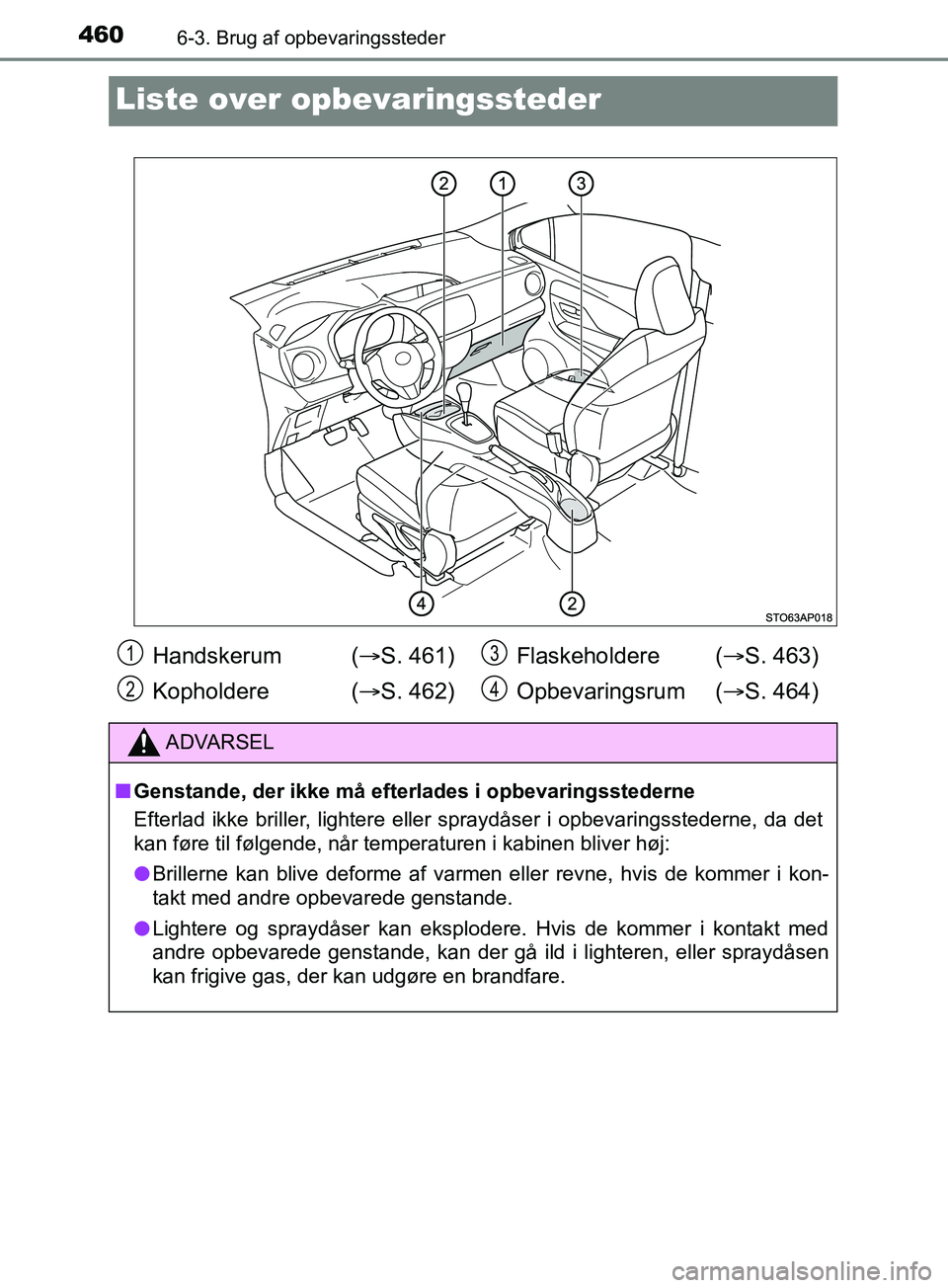 TOYOTA YARIS HATCHBACK 2019 Brugsanvisning (in Danish) 4606-3. Brug af opbevaringssteder
YARIS_F_OM_Europe_OM52A54DK
Liste over opbevaringssteder
Handskerum ( S. 461)
Kopholdere ( S. 462)Flaskeholdere (
S. 463)
Opbevaringsrum ( S. 464)
ADVARS TOYOTA YARIS HATCHBACK 2019 Brugsanvisning (in Danish) 4606-3. Brug af opbevaringssteder
YARIS_F_OM_Europe_OM52A54DK
Liste over opbevaringssteder
Handskerum ( S. 461)
Kopholdere ( S. 462)Flaskeholdere (
S. 463)
Opbevaringsrum ( S. 464)
ADVARS