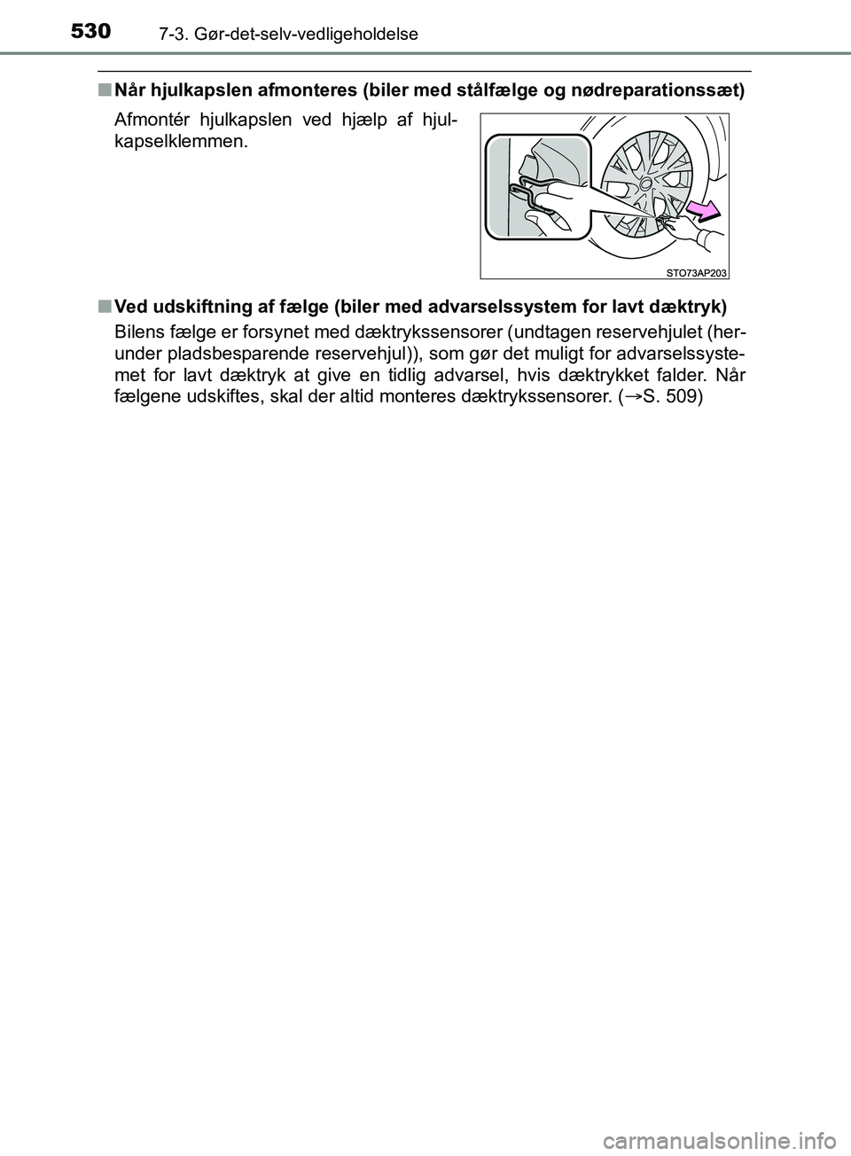TOYOTA YARIS HATCHBACK 2019 Brugsanvisning (in Danish) 5307-3. Gør-det-selv-vedligeholdelse
YARIS_F_OM_Europe_OM52A54DK
nNår hjulkapslen afmonteres (biler med stålfælge og nødreparationssæt)
n Ved udskiftning af fælge (biler me d advarselssystem f TOYOTA YARIS HATCHBACK 2019 Brugsanvisning (in Danish) 5307-3. Gør-det-selv-vedligeholdelse
YARIS_F_OM_Europe_OM52A54DK
nNår hjulkapslen afmonteres (biler med stålfælge og nødreparationssæt)
n Ved udskiftning af fælge (biler me d advarselssystem f