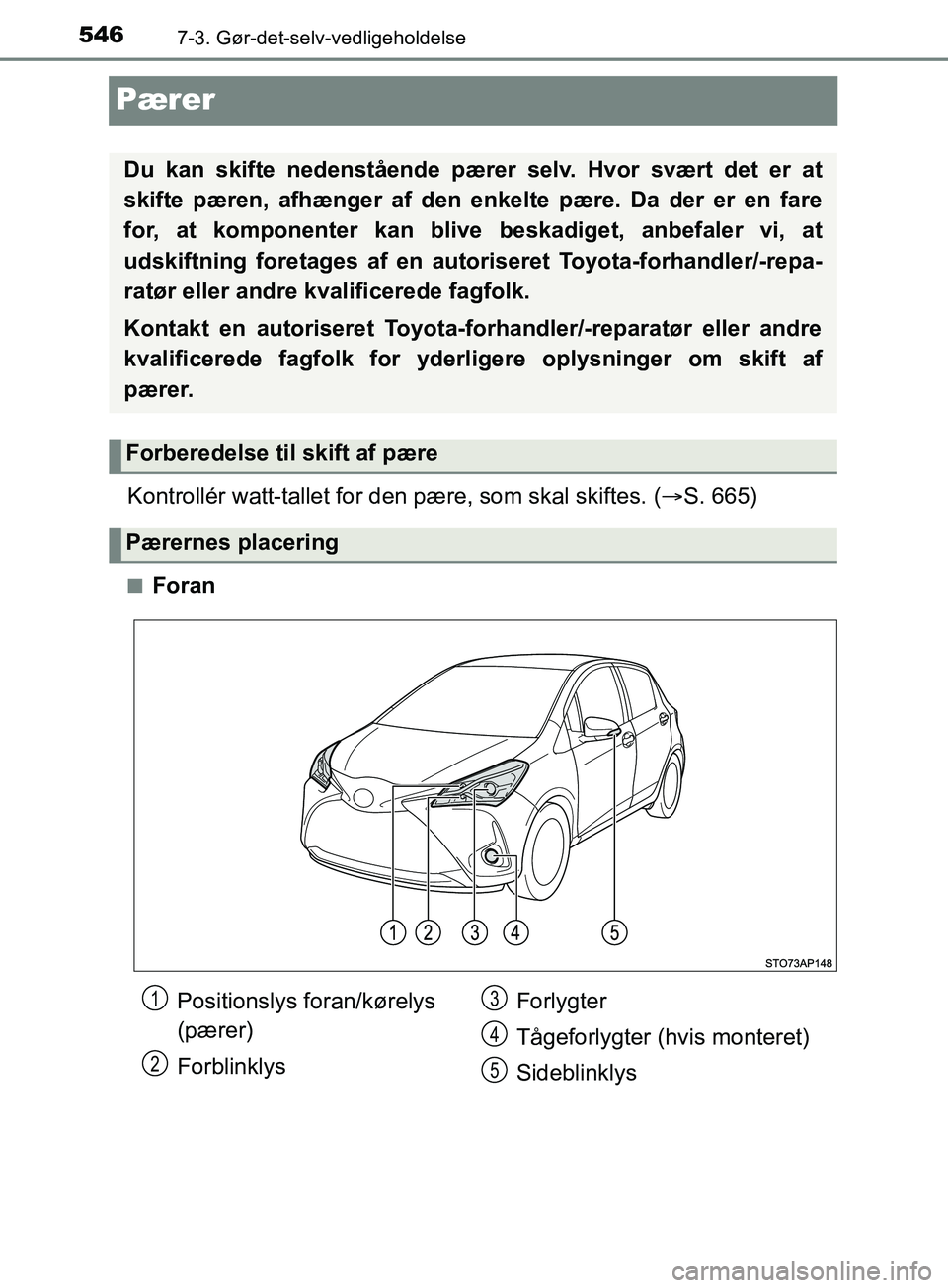 TOYOTA YARIS HATCHBACK 2019  Brugsanvisning (in Danish) 5467-3. Gør-det-selv-vedligeholdelse
YARIS_F_OM_Europe_OM52A54DK
Pærer
Kontrollér watt-tallet for den pære, som skal skiftes. (S. 665)
nForan
Du kan skifte nedenstående pære r selv. Hvor svæ