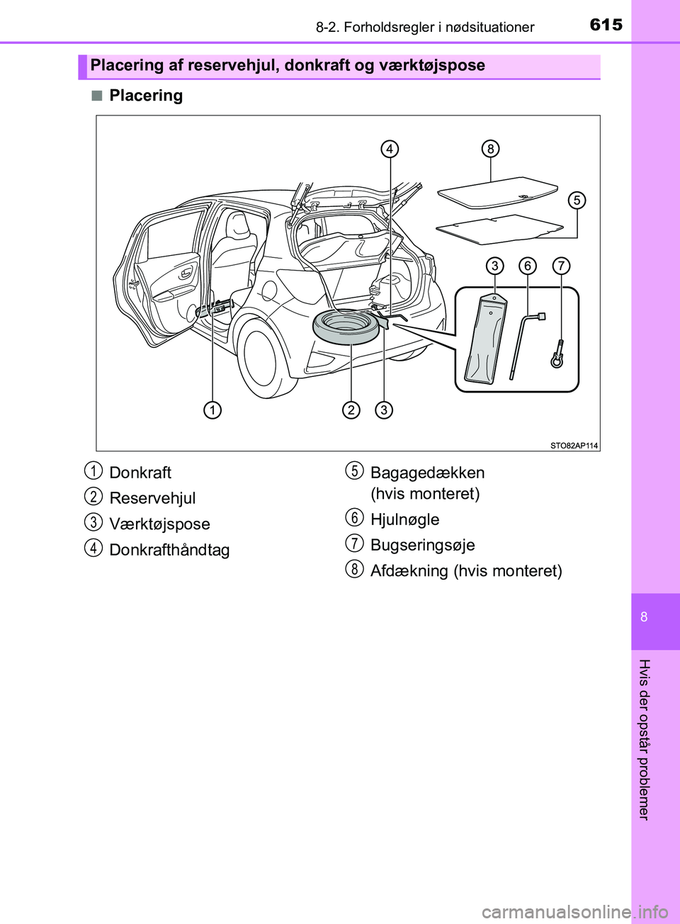 TOYOTA YARIS HATCHBACK 2019  Brugsanvisning (in Danish) 6158-2. Forholdsregler i nødsituationer
8
Hvis der opstår problemer
YARIS_F_OM_Europe_OM52A54DKn
Placering
Placering af reservehjul, donkraft og værktøjspose
Donkraft
Reservehjul
Værktøjspose
Do