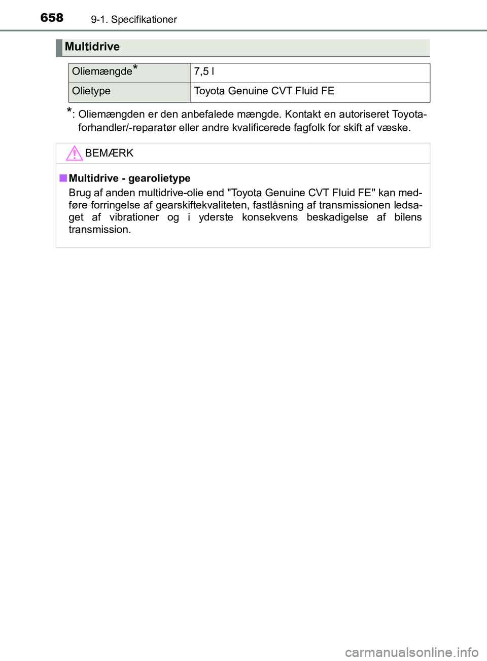 TOYOTA YARIS HATCHBACK 2019 Brugsanvisning (in Danish) 6589-1. Specifikationer
YARIS_F_OM_Europe_OM52A54DK
*: Oliemængden er den anbefalede mængde. Kontakt en autoriseret Toyota-forhandler/-reparatør eller andre kvalificerede fagfolk for skift af væsk TOYOTA YARIS HATCHBACK 2019 Brugsanvisning (in Danish) 6589-1. Specifikationer
YARIS_F_OM_Europe_OM52A54DK
*: Oliemængden er den anbefalede mængde. Kontakt en autoriseret Toyota-forhandler/-reparatør eller andre kvalificerede fagfolk for skift af væsk