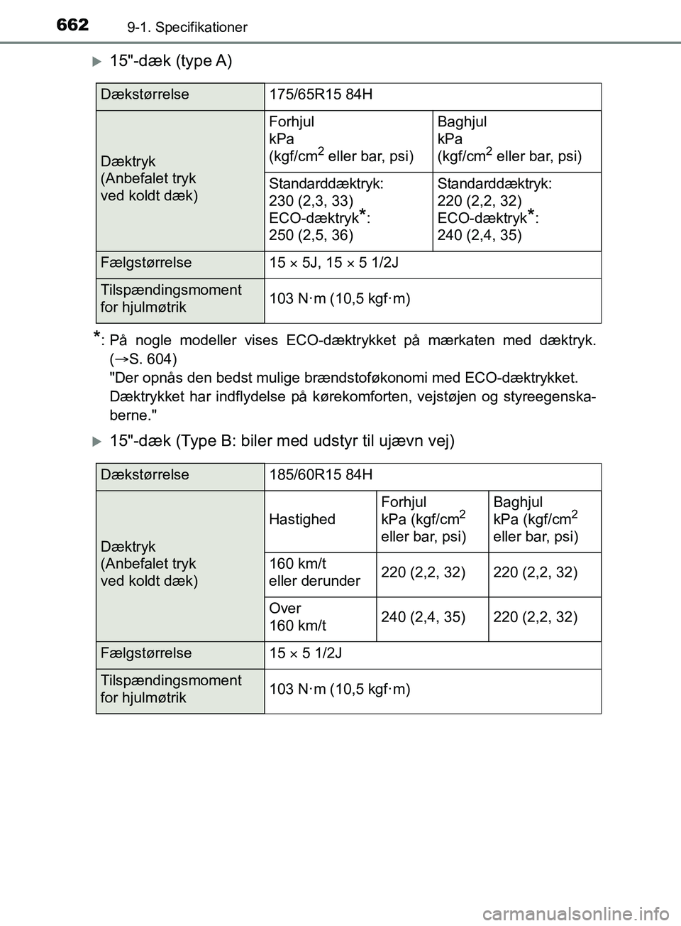 TOYOTA YARIS HATCHBACK 2019 Brugsanvisning (in Danish) 6629-1. Specifikationer
YARIS_F_OM_Europe_OM52A54DK
15"-dæk (type A)
*: På nogle modeller vises ECO-dæktrykket på mærkaten med dæktryk.(S. 604)
"Der opnås den bedst mulige brændstoføk TOYOTA YARIS HATCHBACK 2019 Brugsanvisning (in Danish) 6629-1. Specifikationer
YARIS_F_OM_Europe_OM52A54DK
15"-dæk (type A)
*: På nogle modeller vises ECO-dæktrykket på mærkaten med dæktryk.(S. 604)
"Der opnås den bedst mulige brændstoføk
