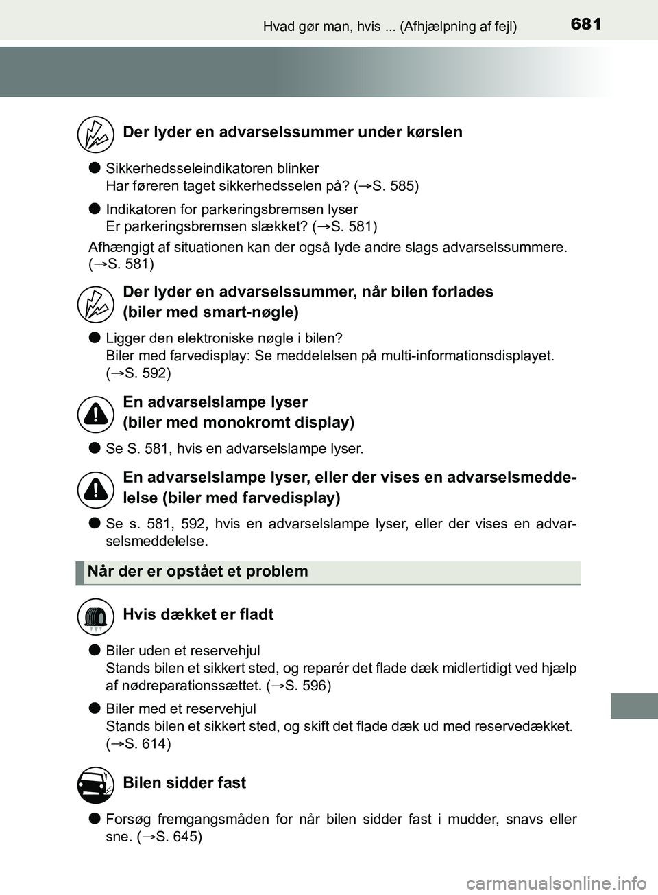 TOYOTA YARIS HATCHBACK 2019 Brugsanvisning (in Danish) 681Hvad gør man, hvis ... (Afhjælpning af fejl)
YARIS_F_OM_Europe_OM52A54DK
lSikkerhedsseleindikatoren blinker
Har føreren taget sikkerhedsselen på? (S. 585)
lIndikatoren for parkeringsbremsen TOYOTA YARIS HATCHBACK 2019 Brugsanvisning (in Danish) 681Hvad gør man, hvis ... (Afhjælpning af fejl)
YARIS_F_OM_Europe_OM52A54DK
lSikkerhedsseleindikatoren blinker
Har føreren taget sikkerhedsselen på? (S. 585)
lIndikatoren for parkeringsbremsen