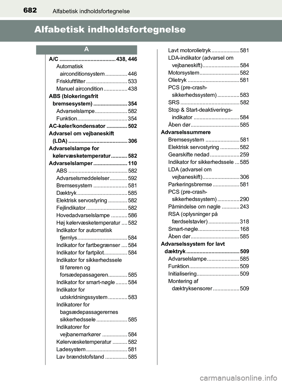 TOYOTA YARIS HATCHBACK 2019 Brugsanvisning (in Danish) 682Alfabetisk indholdsfortegnelse
YARIS_F_OM_Europe_OM52A54DK
Alfabetisk indholdsfortegnelse
A/C ...................................... 438, 446
Automatisk
airconditionsystem ............... 446
Fris TOYOTA YARIS HATCHBACK 2019 Brugsanvisning (in Danish) 682Alfabetisk indholdsfortegnelse
YARIS_F_OM_Europe_OM52A54DK
Alfabetisk indholdsfortegnelse
A/C ...................................... 438, 446
Automatisk
airconditionsystem ............... 446
Fris