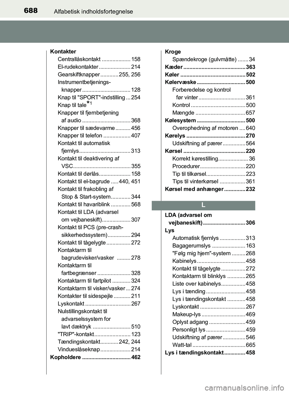 TOYOTA YARIS HATCHBACK 2019 Brugsanvisning (in Danish) 688Alfabetisk indholdsfortegnelse
YARIS_F_OM_Europe_OM52A54DK
KontakterCentrallåskontakt ................... 158
El-rudekontakter ..................... 214
Gearskiftknapper ............ 255, 256
Inst TOYOTA YARIS HATCHBACK 2019 Brugsanvisning (in Danish) 688Alfabetisk indholdsfortegnelse
YARIS_F_OM_Europe_OM52A54DK
KontakterCentrallåskontakt ................... 158
El-rudekontakter ..................... 214
Gearskiftknapper ............ 255, 256
Inst