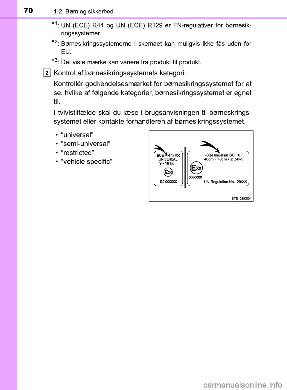 TOYOTA YARIS HATCHBACK 2019  Brugsanvisning (in Danish) 701-2. Børn og sikkerhed
YARIS_F_OM_Europe_OM52A54DK
*1: UN (ECE) R44 og UN (ECE) R129 er FN-regulativer for børnesik-ringssystemer.
*2: Børnesikringssystemerne i skemaet kan muligvis ikke fås ude