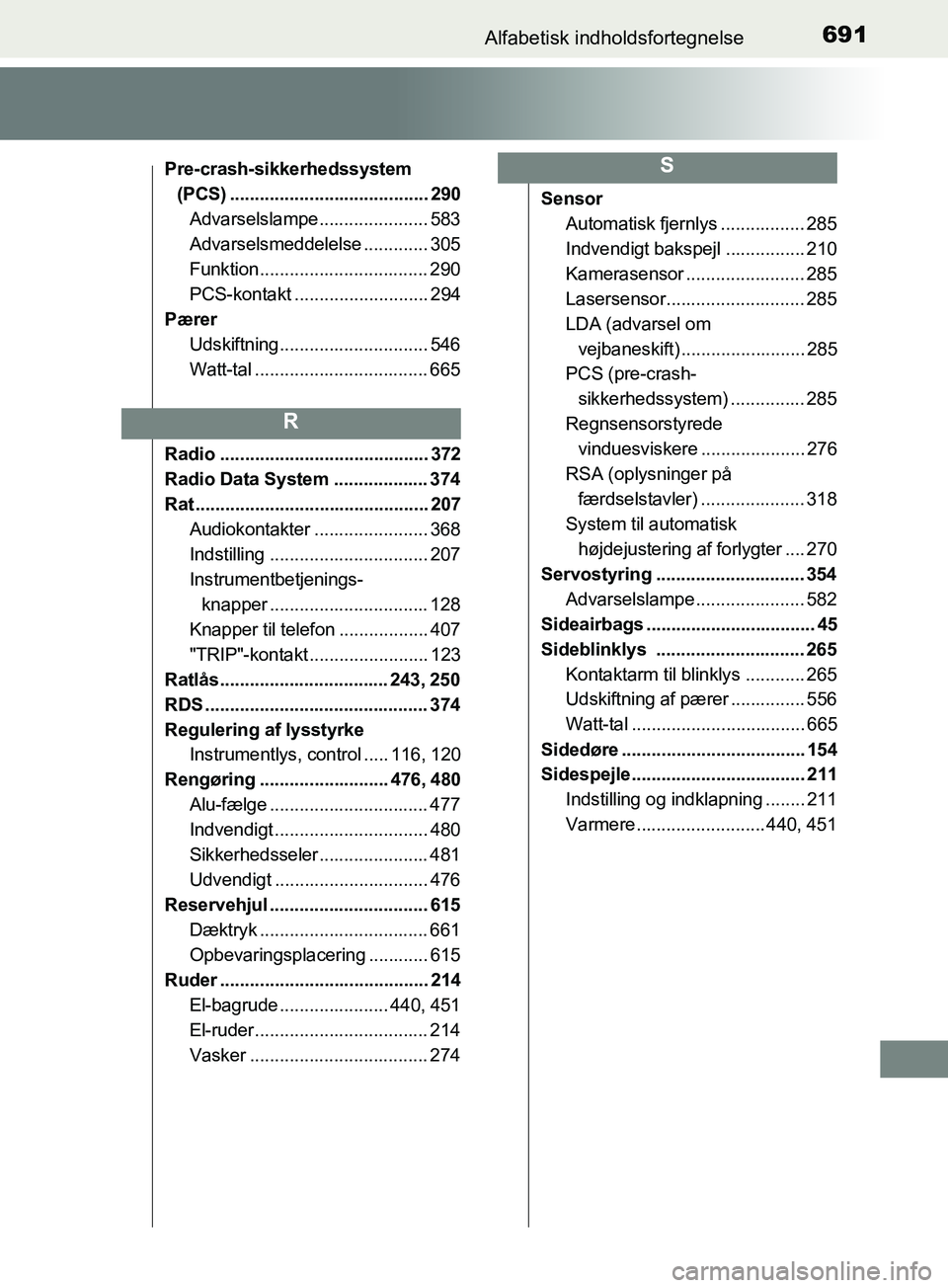 TOYOTA YARIS HATCHBACK 2019  Brugsanvisning (in Danish) 691Alfabetisk indholdsfortegnelse
YARIS_F_OM_Europe_OM52A54DK
Pre-crash-sikkerhedssystem (PCS) ........................................ 290
Advarselslampe...................... 583
Advarselsmeddelelse