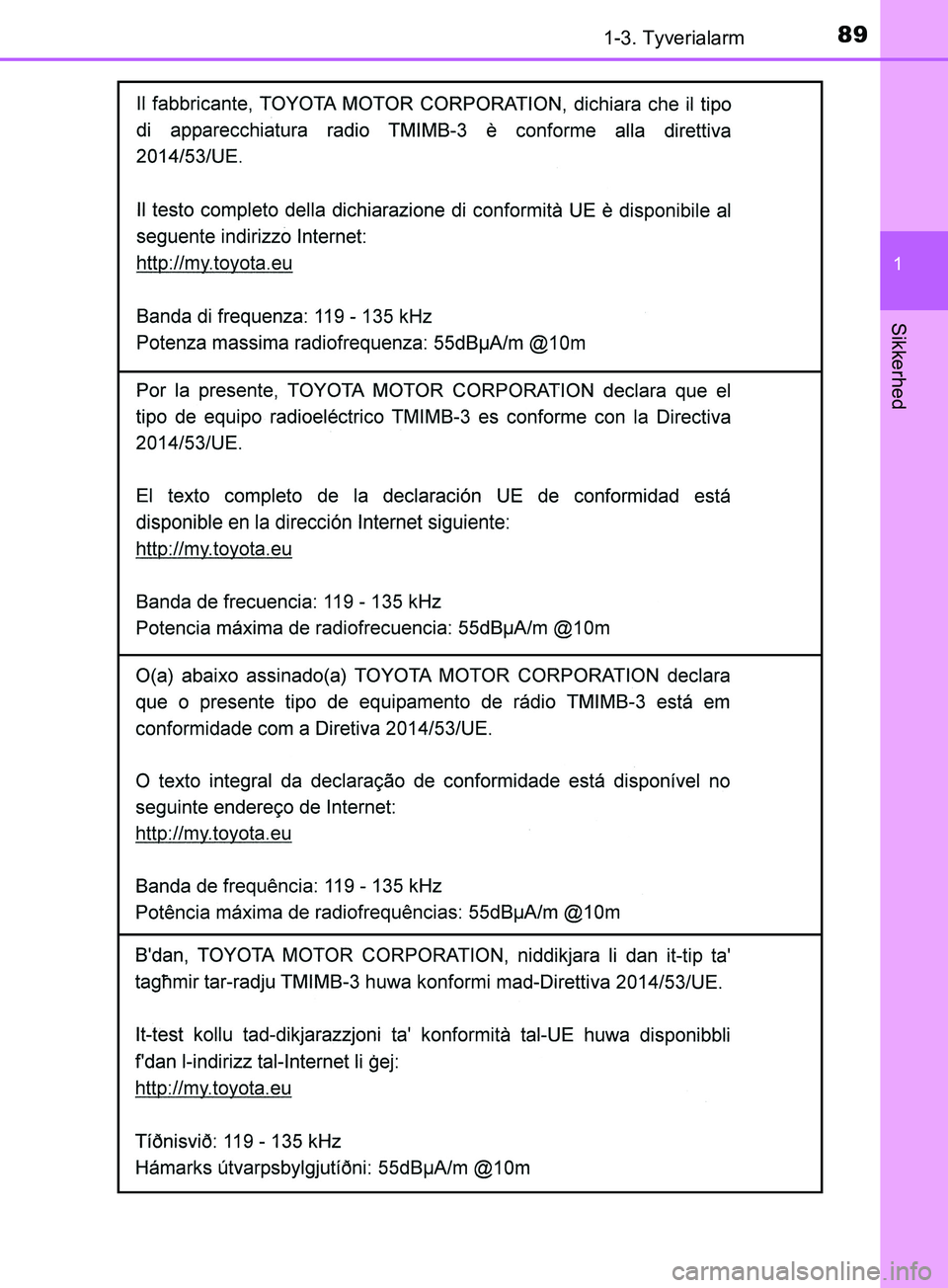 TOYOTA YARIS HATCHBACK 2019  Brugsanvisning (in Danish) 891-3. Tyverialarm
1
Sikkerhed
YARIS_F_OM_Europe_OM52A54DK
OM52A54DK.book  Page 89  Friday, July 12, 2019  4:17 PM 