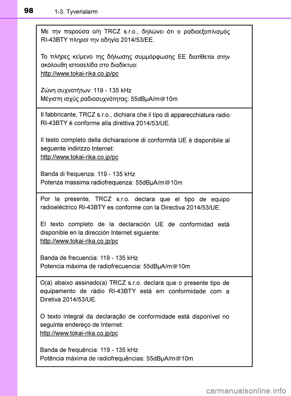 TOYOTA YARIS HATCHBACK 2019  Brugsanvisning (in Danish) 981-3. Tyverialarm
YARIS_F_OM_Europe_OM52A54DK
OM52A54DK.book  Page 98  Friday, July 12, 2019  4:17 PM 