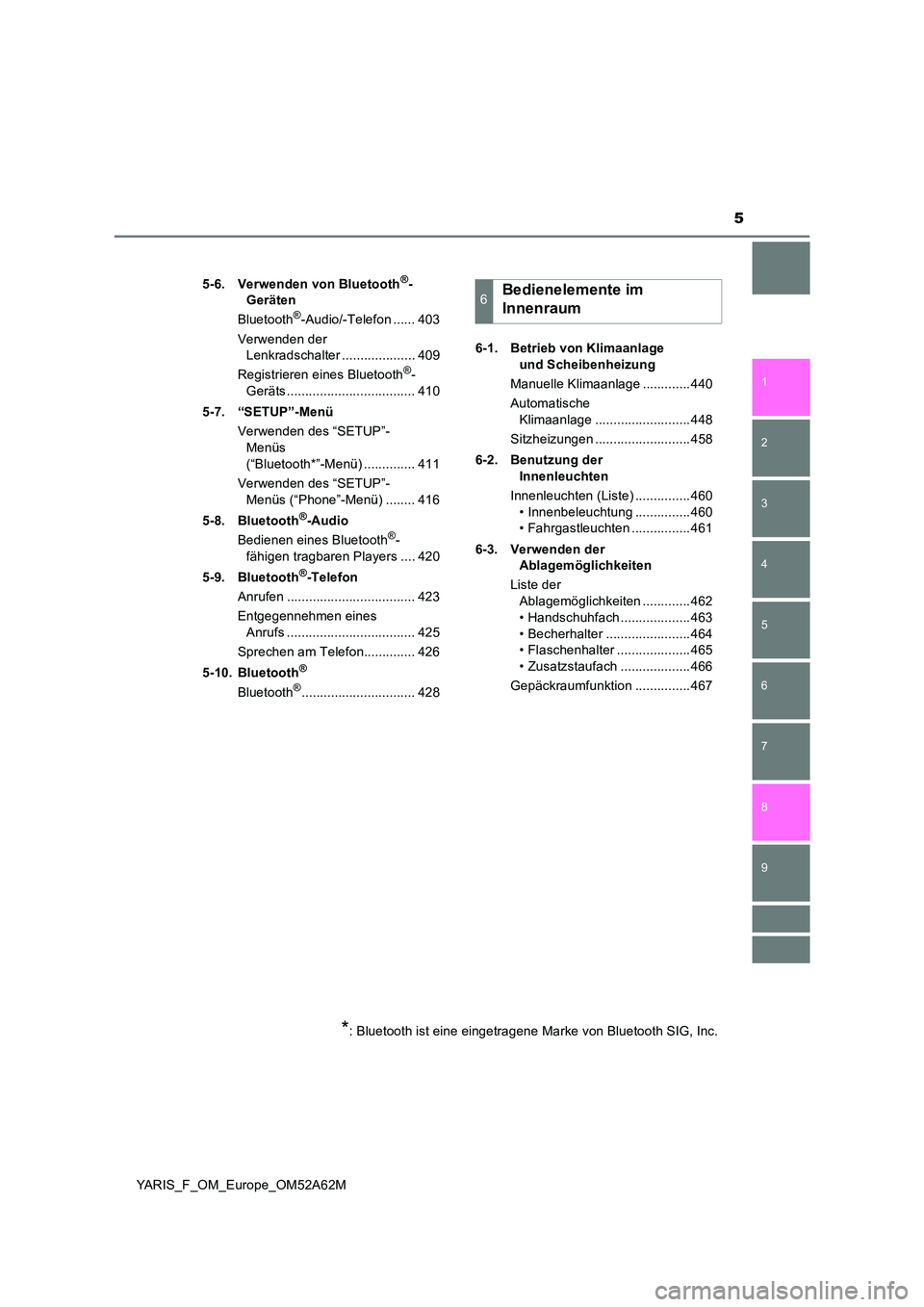 TOYOTA YARIS HATCHBACK 2019  Betriebsanleitungen (in German) 5
1 
7 
8 
6 
5
4
3
2
9
YARIS_F_OM_Europe_OM52A62M 
5-6. Verwenden von Bluetooth®- 
Geräten 
Bluetooth®-Audio/-Telefon ...... 403 
Verwenden der  
Lenkradschalter .................... 409 
Registri