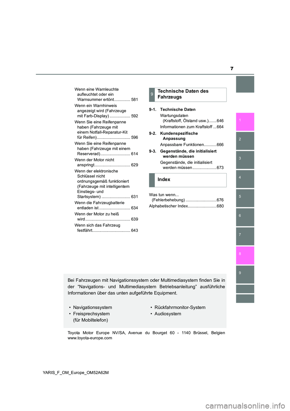 TOYOTA YARIS HATCHBACK 2019  Betriebsanleitungen (in German) 7
1 
7 
8 
6 
5
4
3
2
9
YARIS_F_OM_Europe_OM52A62M 
Wenn eine Warnleuchte  
aufleuchtet oder ein  
Warnsummer ertönt .............. 581 
Wenn ein Warnhinweis  
angezeigt wird (Fahrzeuge  
mit Farb-Di