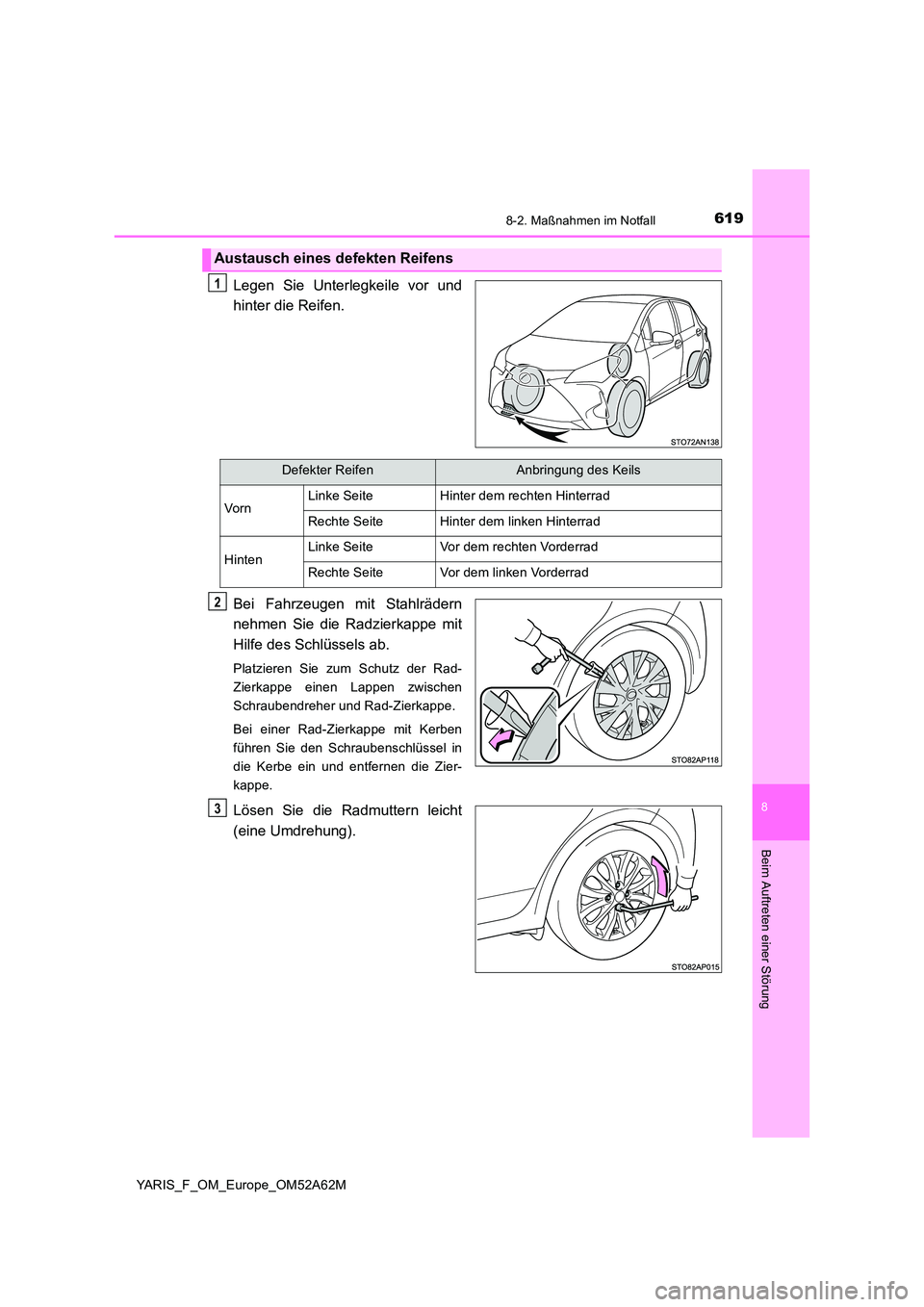 TOYOTA YARIS HATCHBACK 2019 Betriebsanleitungen (in German) 6198-2. Maßnahmen im Notfall
8
Beim Auftreten einer Störung
YARIS_F_OM_Europe_OM52A62M
Legen Sie Unterlegkeile vor und
hinter die Reifen.
Bei Fahrzeugen mit Stahlrädern
nehmen Sie die Radzierkap TOYOTA YARIS HATCHBACK 2019 Betriebsanleitungen (in German) 6198-2. Maßnahmen im Notfall
8
Beim Auftreten einer Störung
YARIS_F_OM_Europe_OM52A62M
Legen Sie Unterlegkeile vor und
hinter die Reifen.
Bei Fahrzeugen mit Stahlrädern
nehmen Sie die Radzierkap