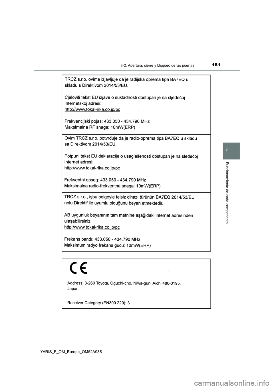 TOYOTA YARIS HATCHBACK 2019 Manual del propietario (in Spanish) 1813-2. Apertura, cierre y bloqueo de las puertas
3
Funcionamiento de cada componente
YARIS_F_OM_Europe_OM52A93S TOYOTA YARIS HATCHBACK 2019 Manual del propietario (in Spanish) 1813-2. Apertura, cierre y bloqueo de las puertas
3
Funcionamiento de cada componente
YARIS_F_OM_Europe_OM52A93S