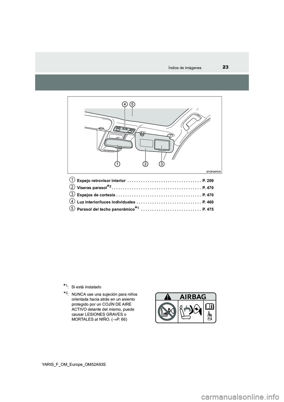 TOYOTA YARIS HATCHBACK 2019 Manual del propietario (in Spanish) 23Índice de imágenes
YARIS_F_OM_Europe_OM52A93S
Espejo retrovisor interior . . . . . . . . . . . . . . . . . . . . . . . . . . . . . . . . . P. 209
Viseras parasol*2. . . . . . . . . . . . . . . TOYOTA YARIS HATCHBACK 2019 Manual del propietario (in Spanish) 23Índice de imágenes
YARIS_F_OM_Europe_OM52A93S
Espejo retrovisor interior . . . . . . . . . . . . . . . . . . . . . . . . . . . . . . . . . P. 209
Viseras parasol*2. . . . . . . . . . . . . . .