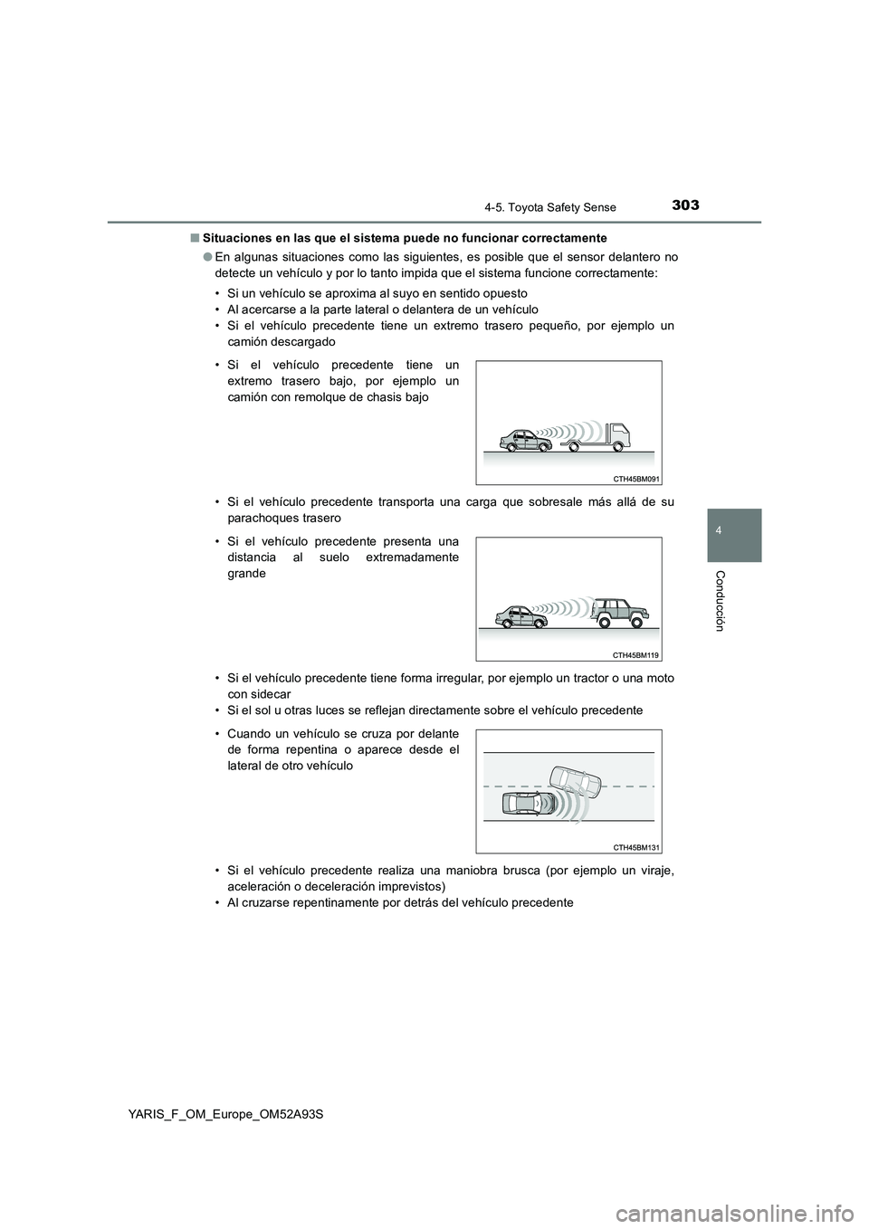 TOYOTA YARIS HATCHBACK 2019 Manual del propietario (in Spanish) 3034-5. Toyota Safety Sense
4
Conducción
YARIS_F_OM_Europe_OM52A93S
■ Situaciones en las que el sistema puede no funcionar correctamente
● En algunas situaciones como las siguientes, es posible TOYOTA YARIS HATCHBACK 2019 Manual del propietario (in Spanish) 3034-5. Toyota Safety Sense
4
Conducción
YARIS_F_OM_Europe_OM52A93S
■ Situaciones en las que el sistema puede no funcionar correctamente
● En algunas situaciones como las siguientes, es posible