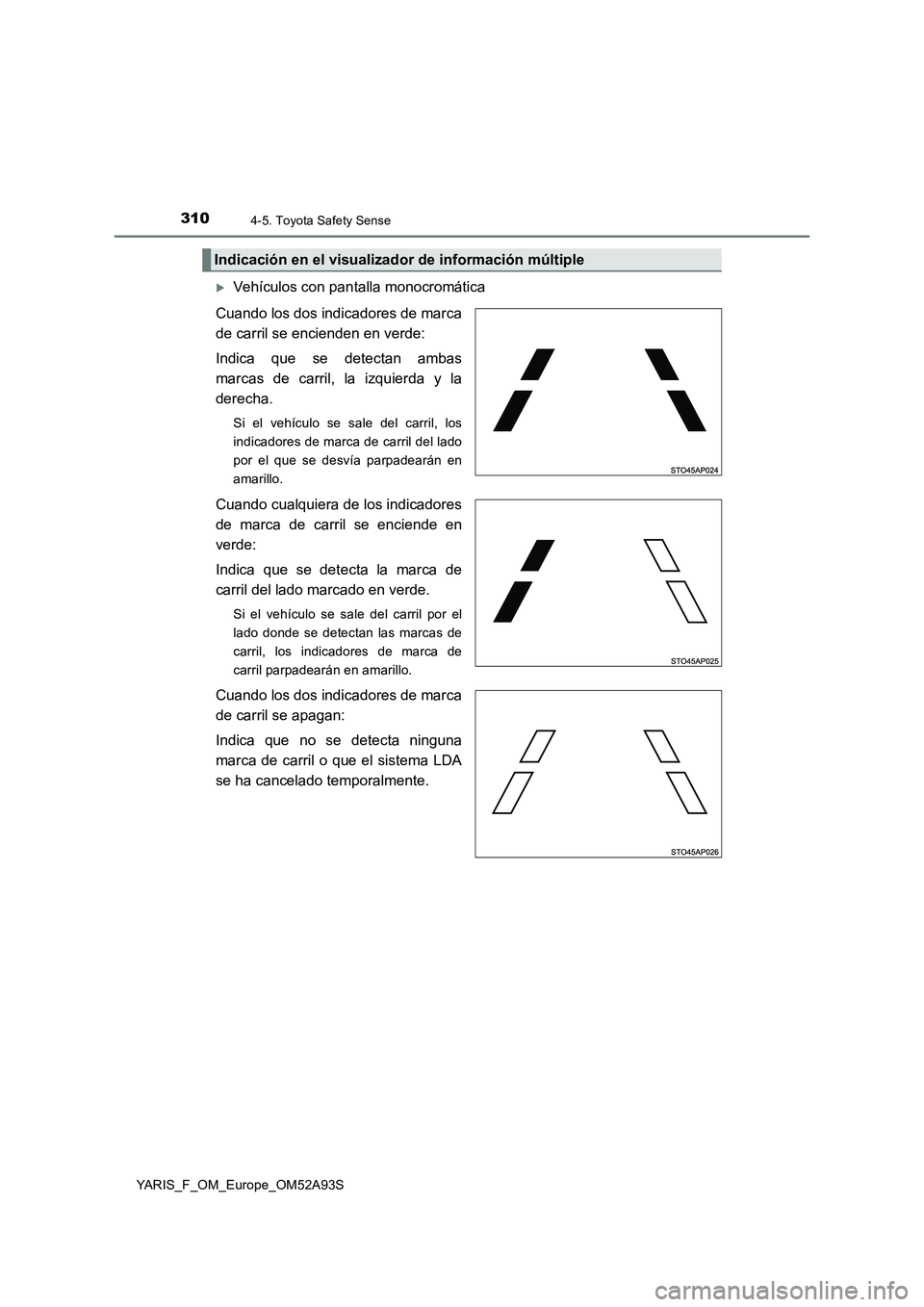TOYOTA YARIS HATCHBACK 2019 Manual del propietario (in Spanish) 3104-5. Toyota Safety Sense
YARIS_F_OM_Europe_OM52A93S
Vehículos con pantalla monocromática
Cuando los dos indicadores de marca
de carril se encienden en verde:
Indica que se detectan ambas
marc TOYOTA YARIS HATCHBACK 2019 Manual del propietario (in Spanish) 3104-5. Toyota Safety Sense
YARIS_F_OM_Europe_OM52A93S
Vehículos con pantalla monocromática
Cuando los dos indicadores de marca
de carril se encienden en verde:
Indica que se detectan ambas
marc