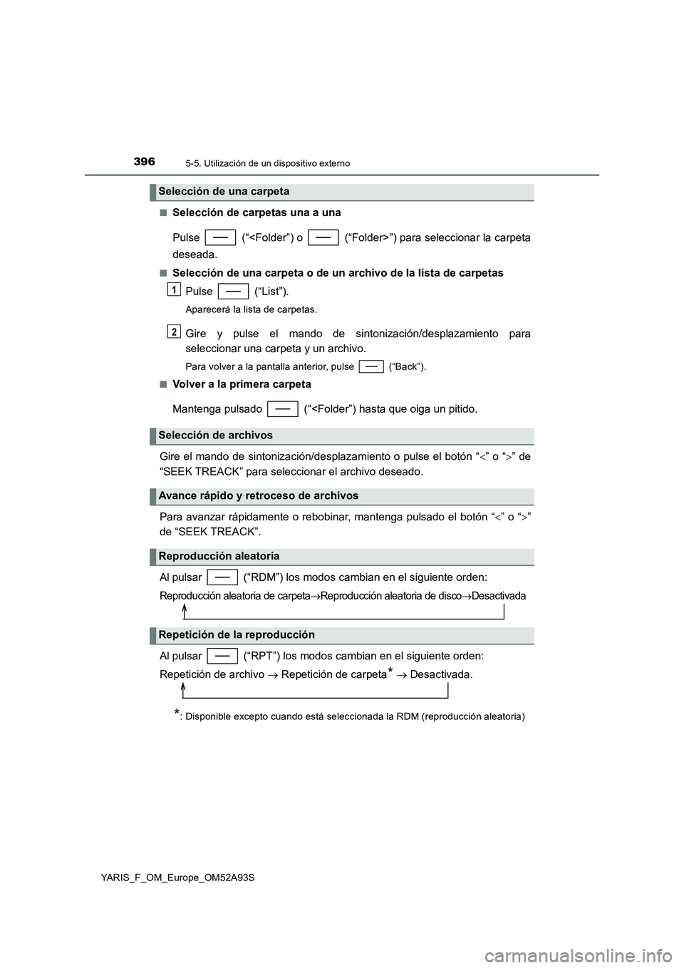 TOYOTA YARIS HATCHBACK 2019  Manual del propietario (in Spanish) 3965-5. Utilización de un dispositivo externo
YARIS_F_OM_Europe_OM52A93S■
Selección de carpetas una a una
Pulse   (“<Folder”) o   (“Folder>”) para seleccionar la carpeta
deseada.
■Selecc