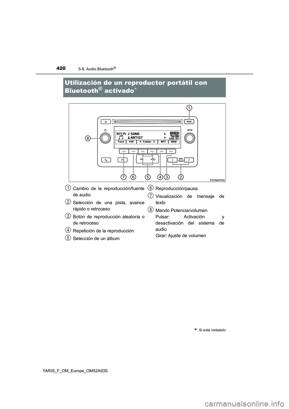 TOYOTA YARIS HATCHBACK 2019 Manual del propietario (in Spanish) 4205-8. Audio Bluetooth®
YARIS_F_OM_Europe_OM52A93S
Utilización de un reproductor portátil con
Bluetooth
® activado
: Si está instalado
Cambio de la reproducción/fuente
de audio
Selecció TOYOTA YARIS HATCHBACK 2019 Manual del propietario (in Spanish) 4205-8. Audio Bluetooth®
YARIS_F_OM_Europe_OM52A93S
Utilización de un reproductor portátil con
Bluetooth
® activado
: Si está instalado
Cambio de la reproducción/fuente
de audio
Selecció