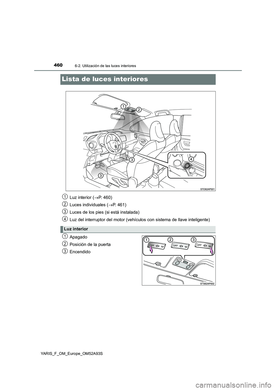 TOYOTA YARIS HATCHBACK 2019 Manual del propietario (in Spanish) 4606-2. Utilización de las luces interiores
YARIS_F_OM_Europe_OM52A93S
Lista de luces interiores
Apagado
Posición de la puerta
Encendido
Luz interior (P. 460)
Luces individuales (P. 461)
Luces TOYOTA YARIS HATCHBACK 2019 Manual del propietario (in Spanish) 4606-2. Utilización de las luces interiores
YARIS_F_OM_Europe_OM52A93S
Lista de luces interiores
Apagado
Posición de la puerta
Encendido
Luz interior (P. 460)
Luces individuales (P. 461)
Luces