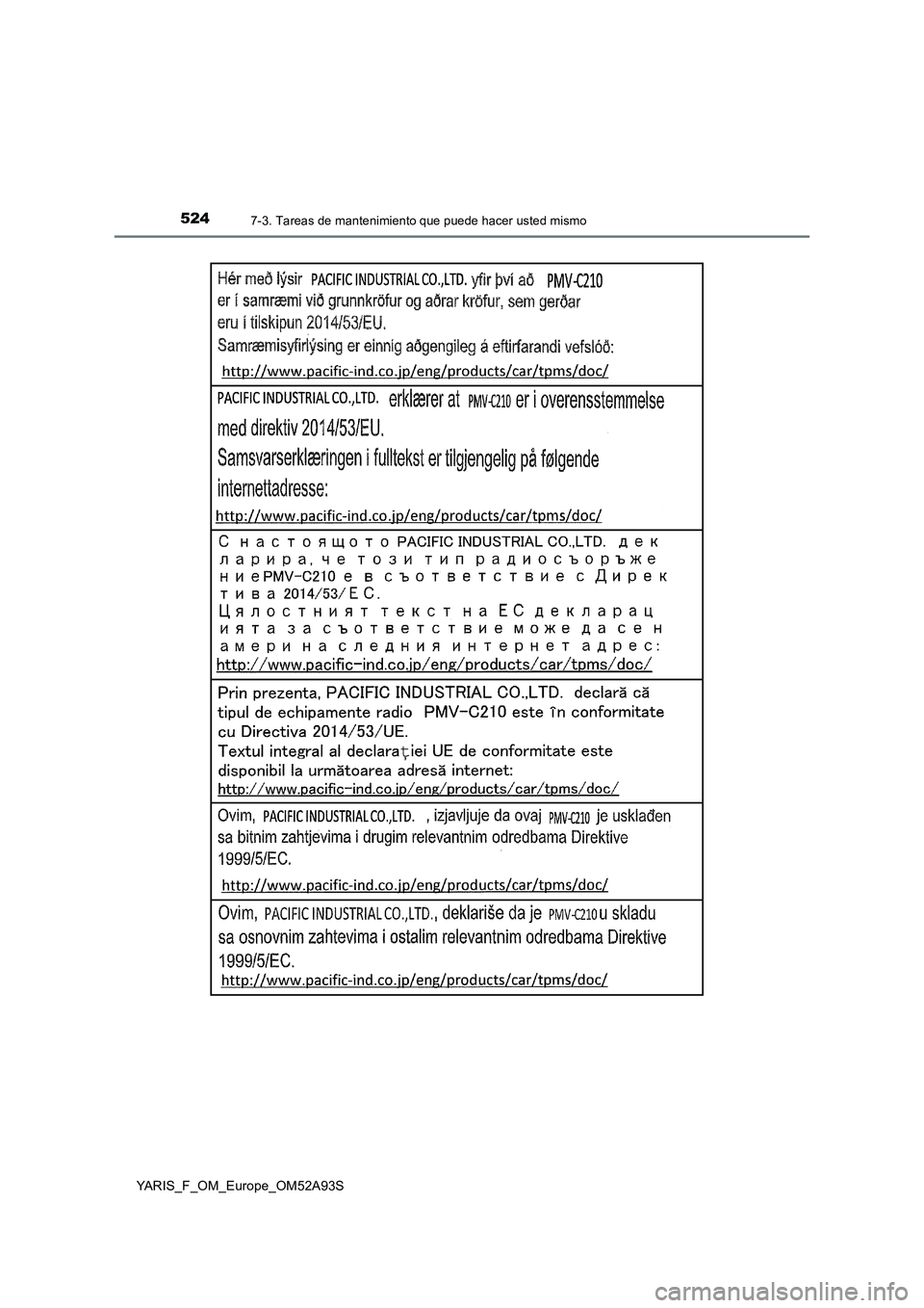 TOYOTA YARIS HATCHBACK 2019 Manual del propietario (in Spanish) 5247-3. Tareas de mantenimiento que puede hacer usted mismo
YARIS_F_OM_Europe_OM52A93S TOYOTA YARIS HATCHBACK 2019 Manual del propietario (in Spanish) 5247-3. Tareas de mantenimiento que puede hacer usted mismo
YARIS_F_OM_Europe_OM52A93S