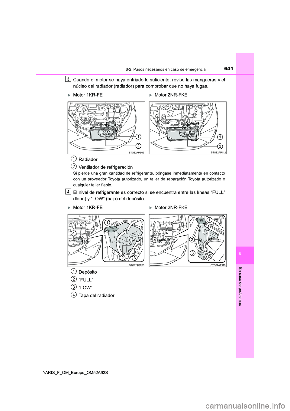 TOYOTA YARIS HATCHBACK 2019 Manual del propietario (in Spanish) 6418-2. Pasos necesarios en caso de emergencia
8
En caso de problemas
YARIS_F_OM_Europe_OM52A93S
Cuando el motor se haya enfriado lo suficiente, revise las mangueras y el
núcleo del radiador (radiad TOYOTA YARIS HATCHBACK 2019 Manual del propietario (in Spanish) 6418-2. Pasos necesarios en caso de emergencia
8
En caso de problemas
YARIS_F_OM_Europe_OM52A93S
Cuando el motor se haya enfriado lo suficiente, revise las mangueras y el
núcleo del radiador (radiad