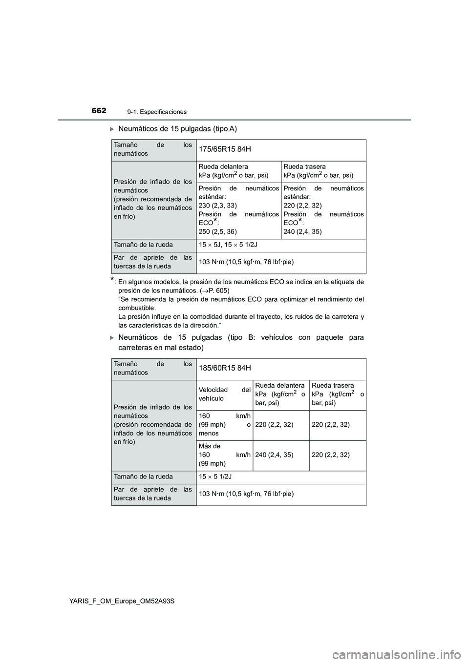 TOYOTA YARIS HATCHBACK 2019  Manual del propietario (in Spanish) 6629-1. Especificaciones
YARIS_F_OM_Europe_OM52A93S
Neumáticos de 15 pulgadas (tipo A)
*: En algunos modelos, la presión de los neumáticos ECO se indica en la etiqueta de
presión de los neumát