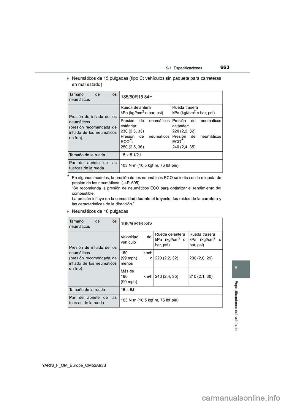 TOYOTA YARIS HATCHBACK 2019  Manual del propietario (in Spanish) 6639-1. Especificaciones
9
Especificaciones del vehículo
YARIS_F_OM_Europe_OM52A93S
Neumáticos de 15 pulgadas (tipo C: vehículos sin paquete para carreteras
en mal estado)
*: En algunos modelos,