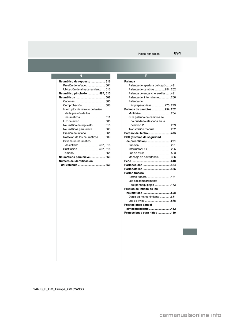 TOYOTA YARIS HATCHBACK 2019 Manual del propietario (in Spanish) 691Índice alfabético
YARIS_F_OM_Europe_OM52A93S
Neumático de repuesto .................. 616
Presión de inflado........................ 661
Ubicación de almacenamiento .... 616
Neumático pinchad TOYOTA YARIS HATCHBACK 2019 Manual del propietario (in Spanish) 691Índice alfabético
YARIS_F_OM_Europe_OM52A93S
Neumático de repuesto .................. 616
Presión de inflado........................ 661
Ubicación de almacenamiento .... 616
Neumático pinchad