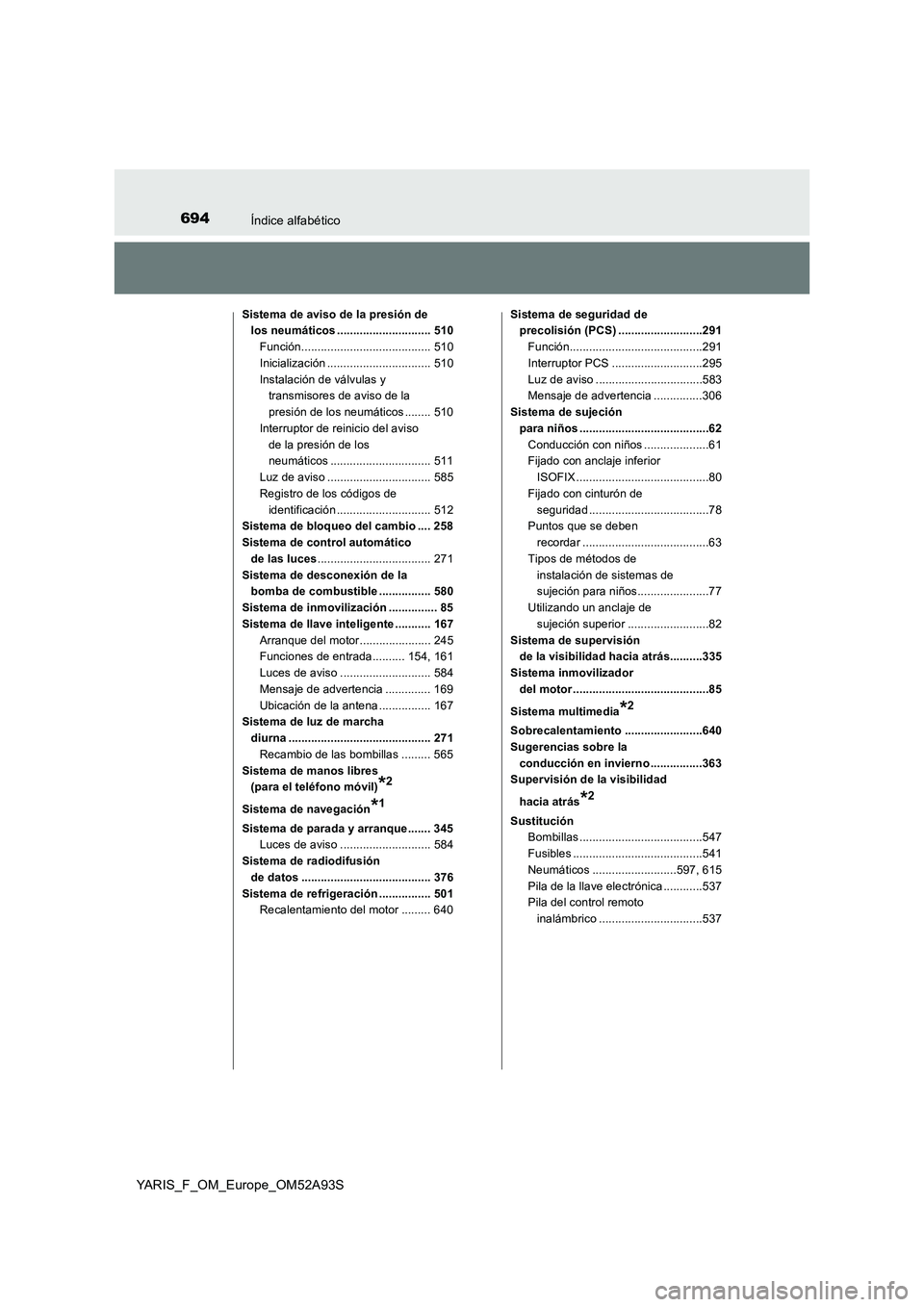 TOYOTA YARIS HATCHBACK 2019 Manual del propietario (in Spanish) 694Índice alfabético
YARIS_F_OM_Europe_OM52A93S
Sistema de aviso de la presión de
los neumáticos ............................. 510
Función........................................ 510
Inicializac TOYOTA YARIS HATCHBACK 2019 Manual del propietario (in Spanish) 694Índice alfabético
YARIS_F_OM_Europe_OM52A93S
Sistema de aviso de la presión de
los neumáticos ............................. 510
Función........................................ 510
Inicializac