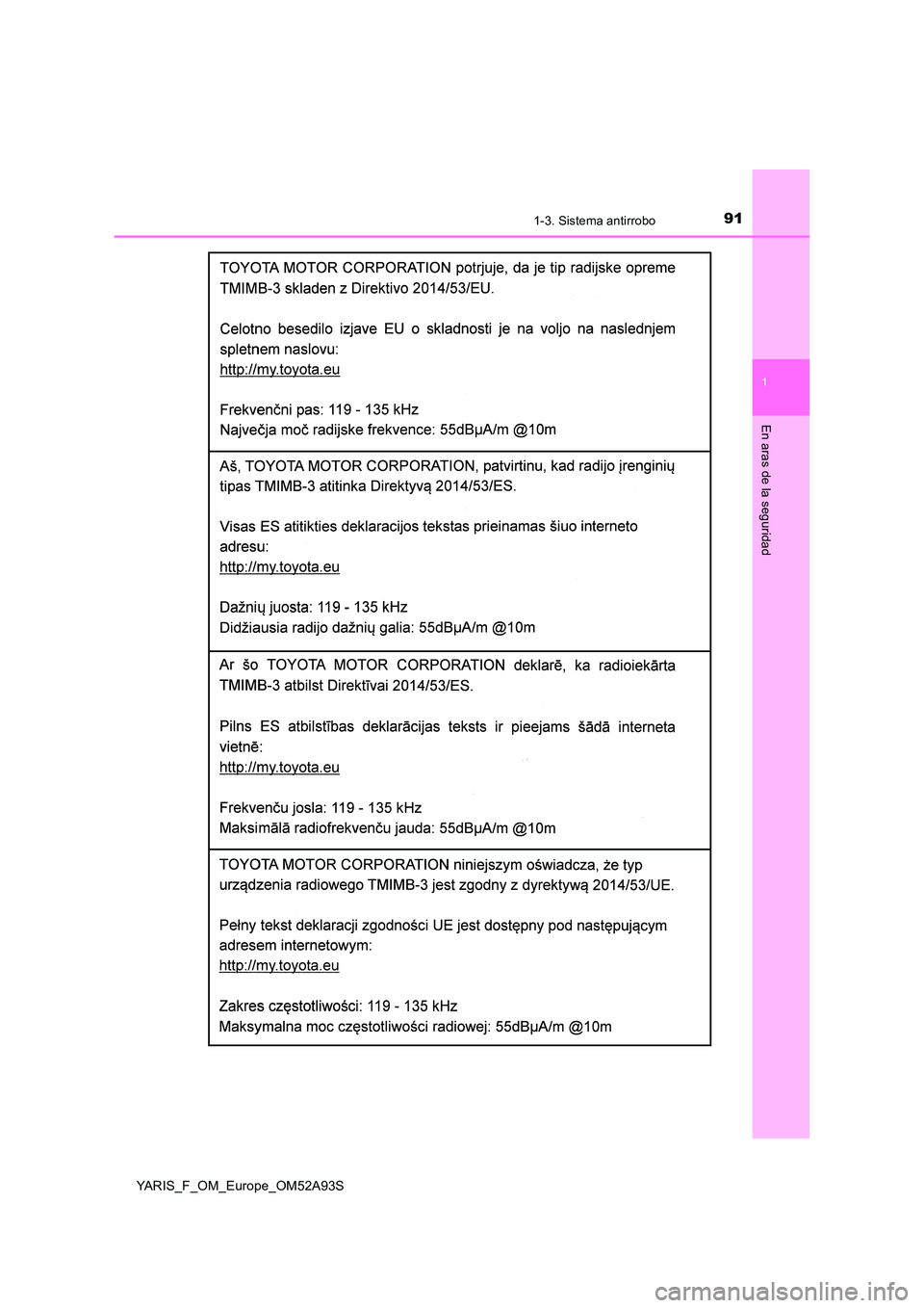 TOYOTA YARIS HATCHBACK 2019 Manual del propietario (in Spanish) 911-3. Sistema antirrobo
1
En aras de la seguridad
YARIS_F_OM_Europe_OM52A93S TOYOTA YARIS HATCHBACK 2019 Manual del propietario (in Spanish) 911-3. Sistema antirrobo
1
En aras de la seguridad
YARIS_F_OM_Europe_OM52A93S