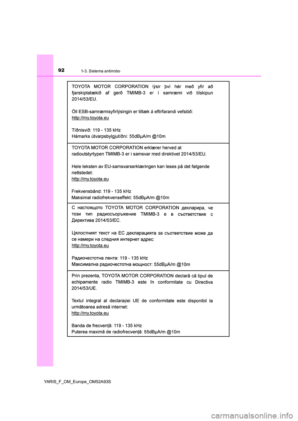 TOYOTA YARIS HATCHBACK 2019 Manual del propietario (in Spanish) 921-3. Sistema antirrobo
YARIS_F_OM_Europe_OM52A93S TOYOTA YARIS HATCHBACK 2019 Manual del propietario (in Spanish) 921-3. Sistema antirrobo
YARIS_F_OM_Europe_OM52A93S
