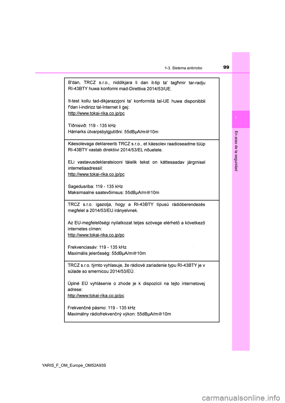 TOYOTA YARIS HATCHBACK 2019 Manual del propietario (in Spanish) 991-3. Sistema antirrobo
1
En aras de la seguridad
YARIS_F_OM_Europe_OM52A93S TOYOTA YARIS HATCHBACK 2019 Manual del propietario (in Spanish) 991-3. Sistema antirrobo
1
En aras de la seguridad
YARIS_F_OM_Europe_OM52A93S